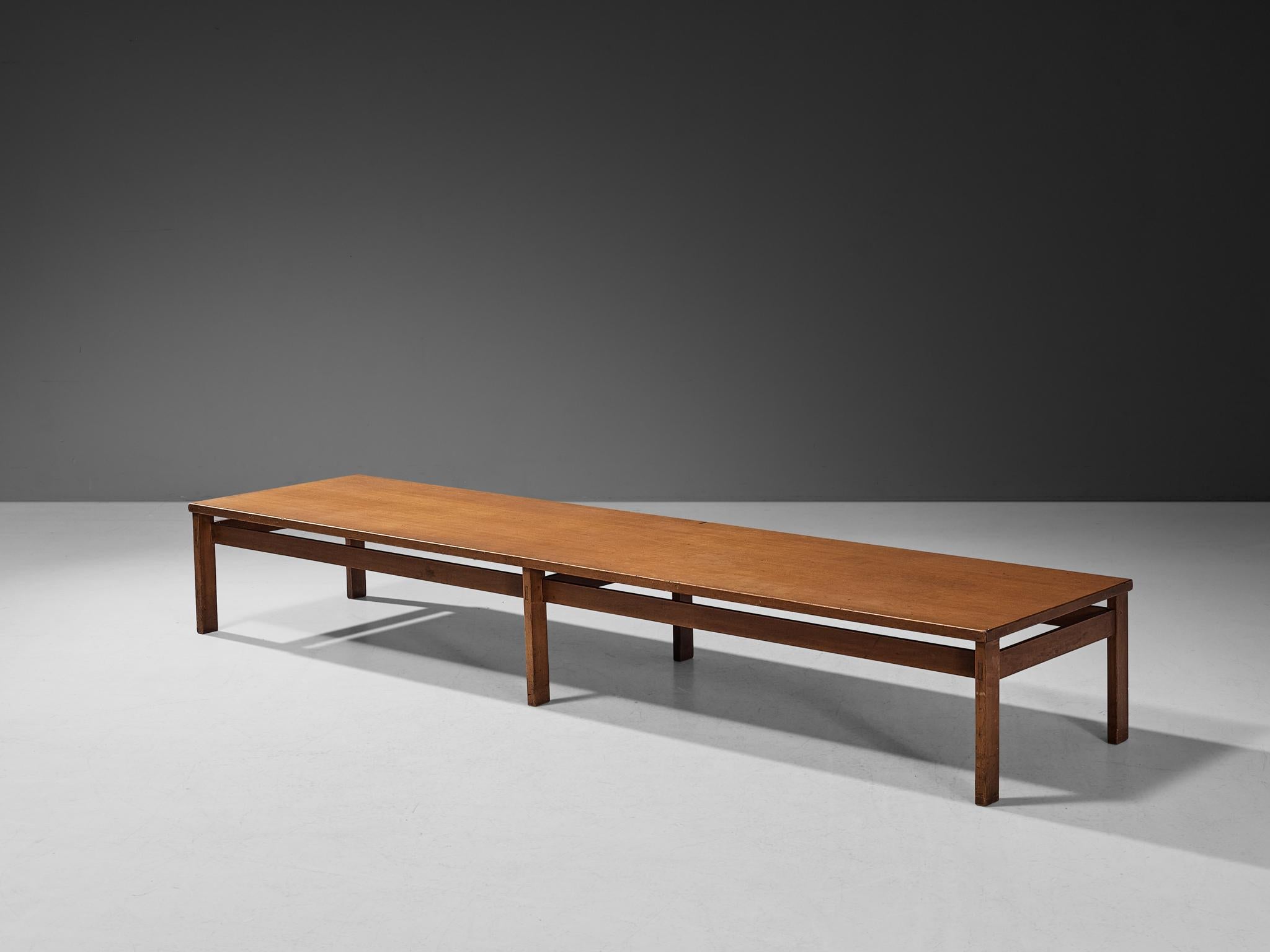 Gianfranco Frattini for Cantieri Carugati, large coffee table, walnut, Italy, 1950s

Beautiful coffee table in walnut by Italian designer Gianfranco Frattini. Besides its modest appearance, this table has an interesting design due to its width of