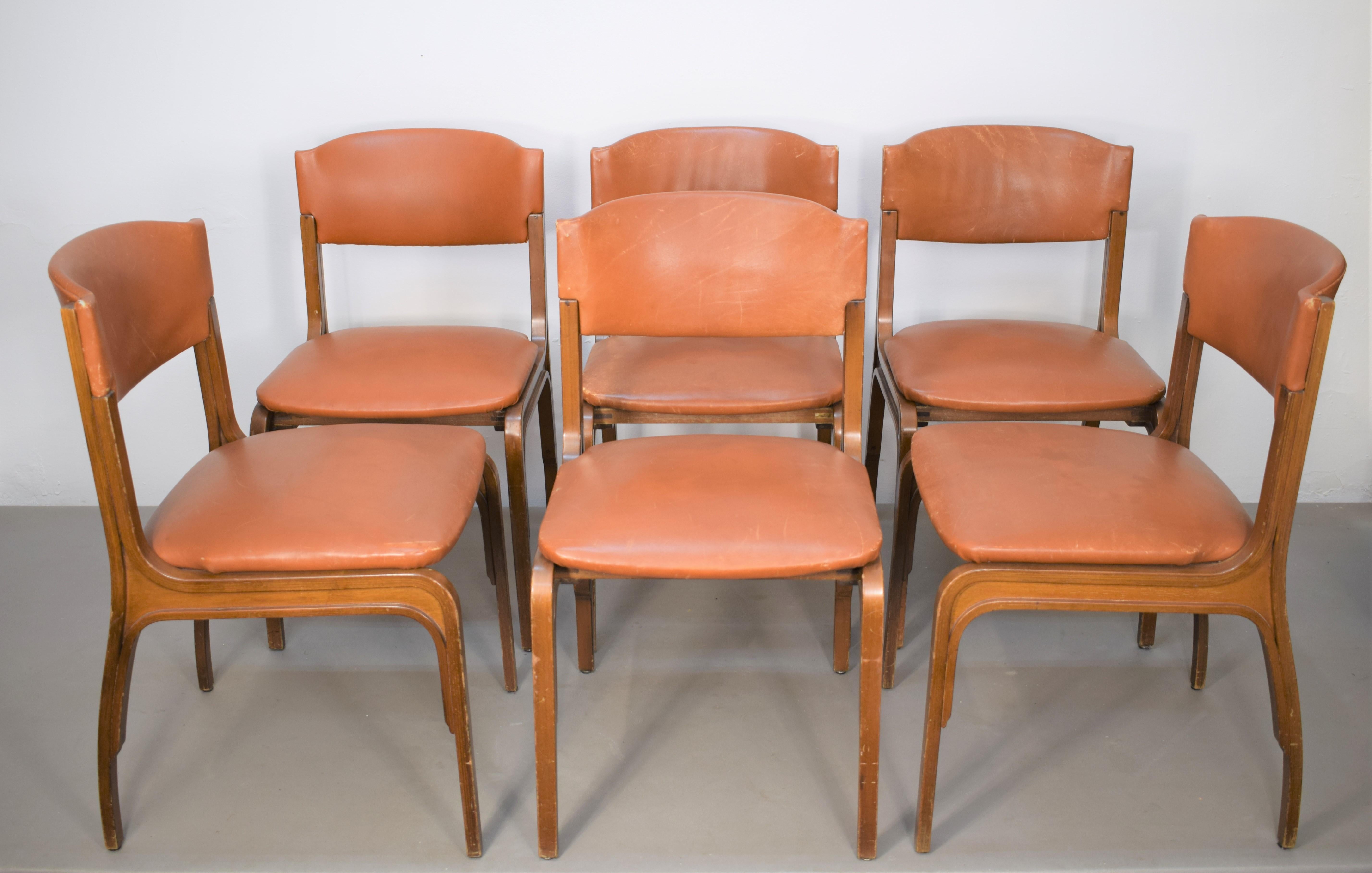 Mid-Century Modern Gianfranco Frattini for Cantieri Carugati, set of six Italian chairs, 1950s