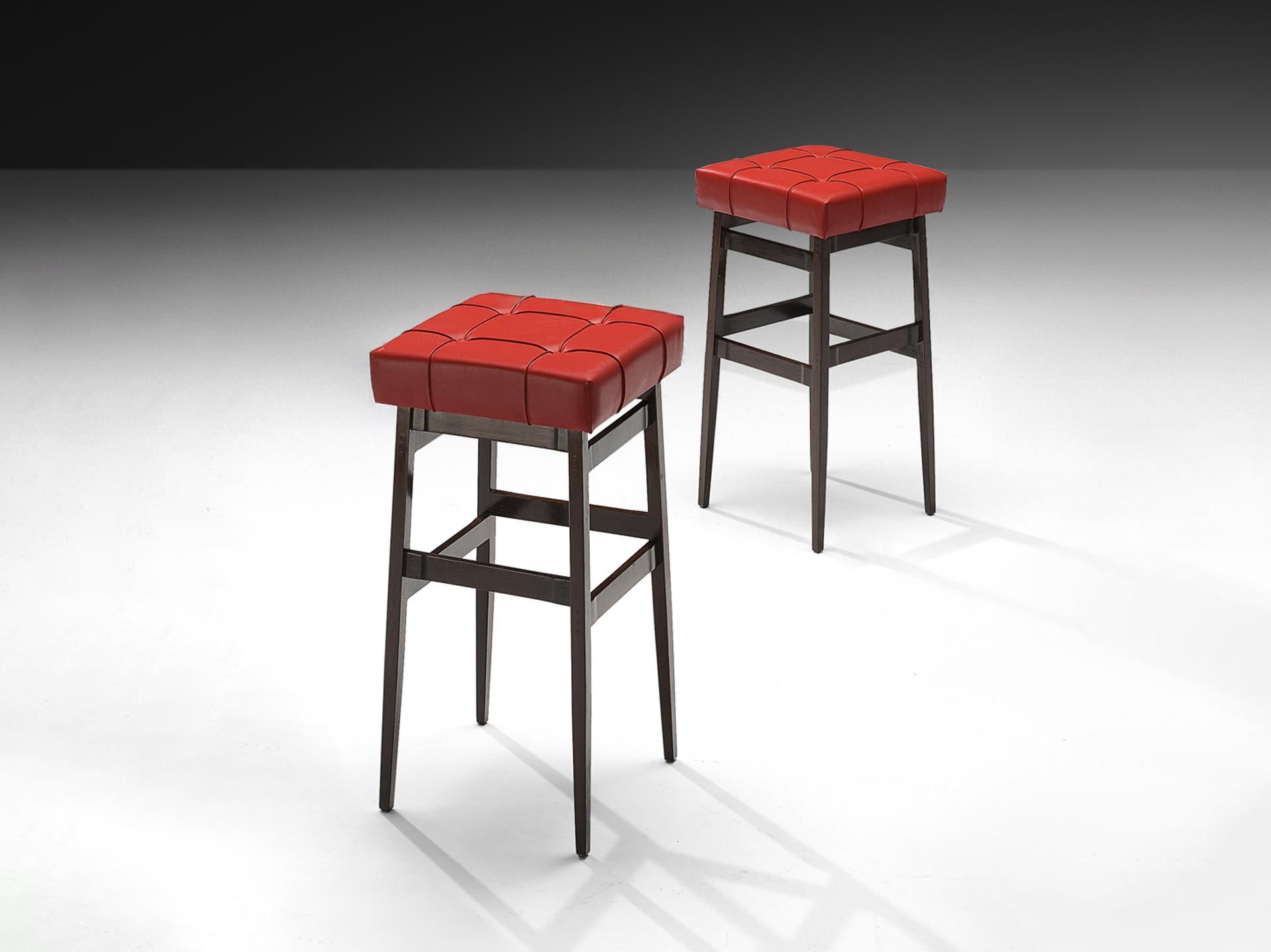 Gianfranco Frattini for Cassina, bar stools, model '112', walnut, leatherette, Italy, 1959 

These barstools, model 112, were first created for the Stork Club restaurant in Milan. The interior and furnishings were designed by Gianfranco Frattini,