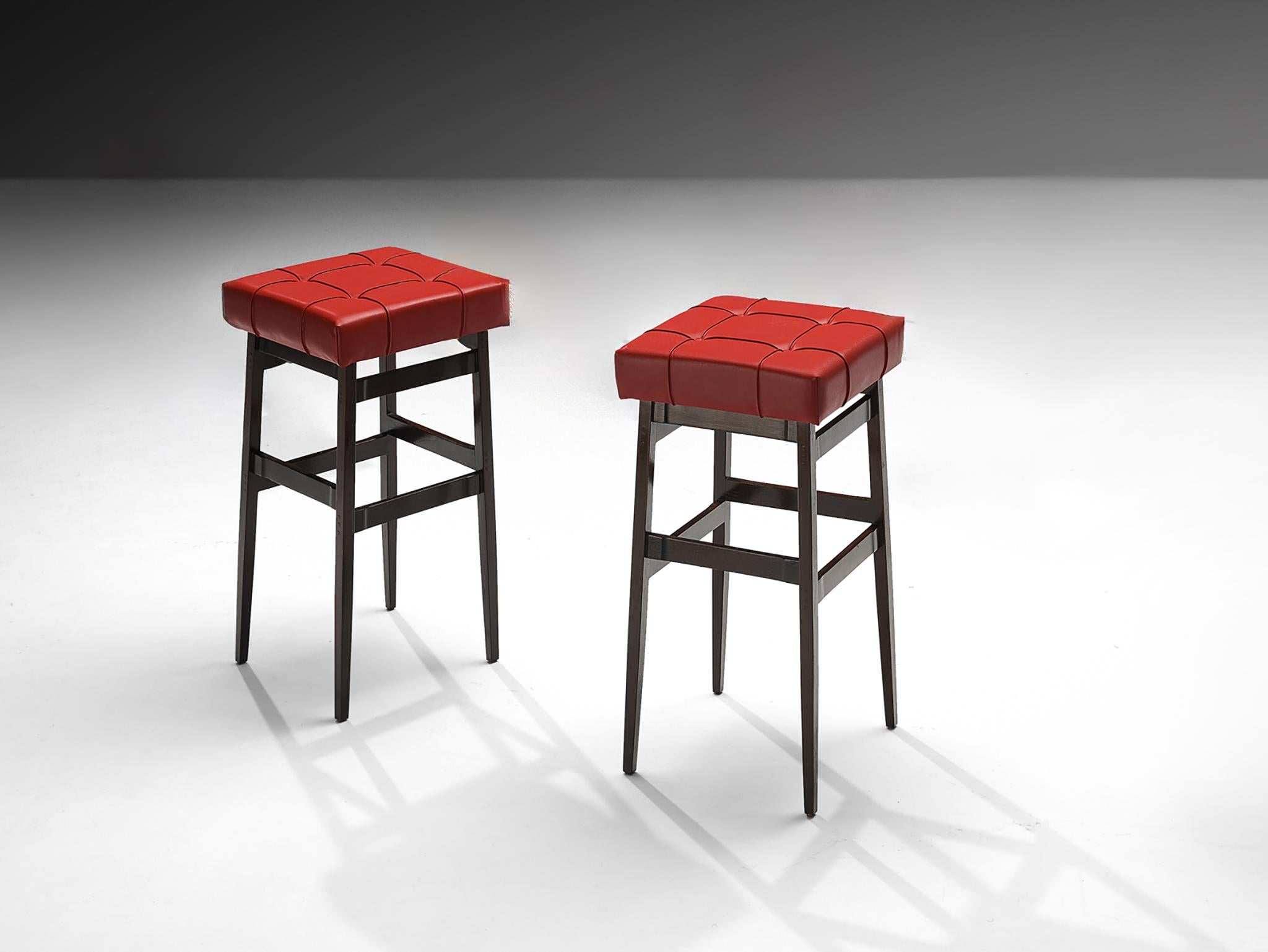 Italian Gianfranco Frattini for Cassina Barstools in Stained Walnut and Red Leatherette For Sale