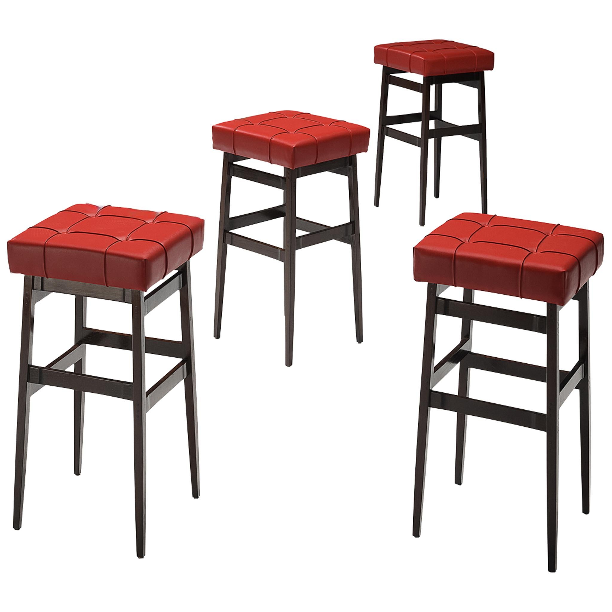 Gianfranco Frattini for Cassina Barstools in Stained Walnut and Red Leatherette