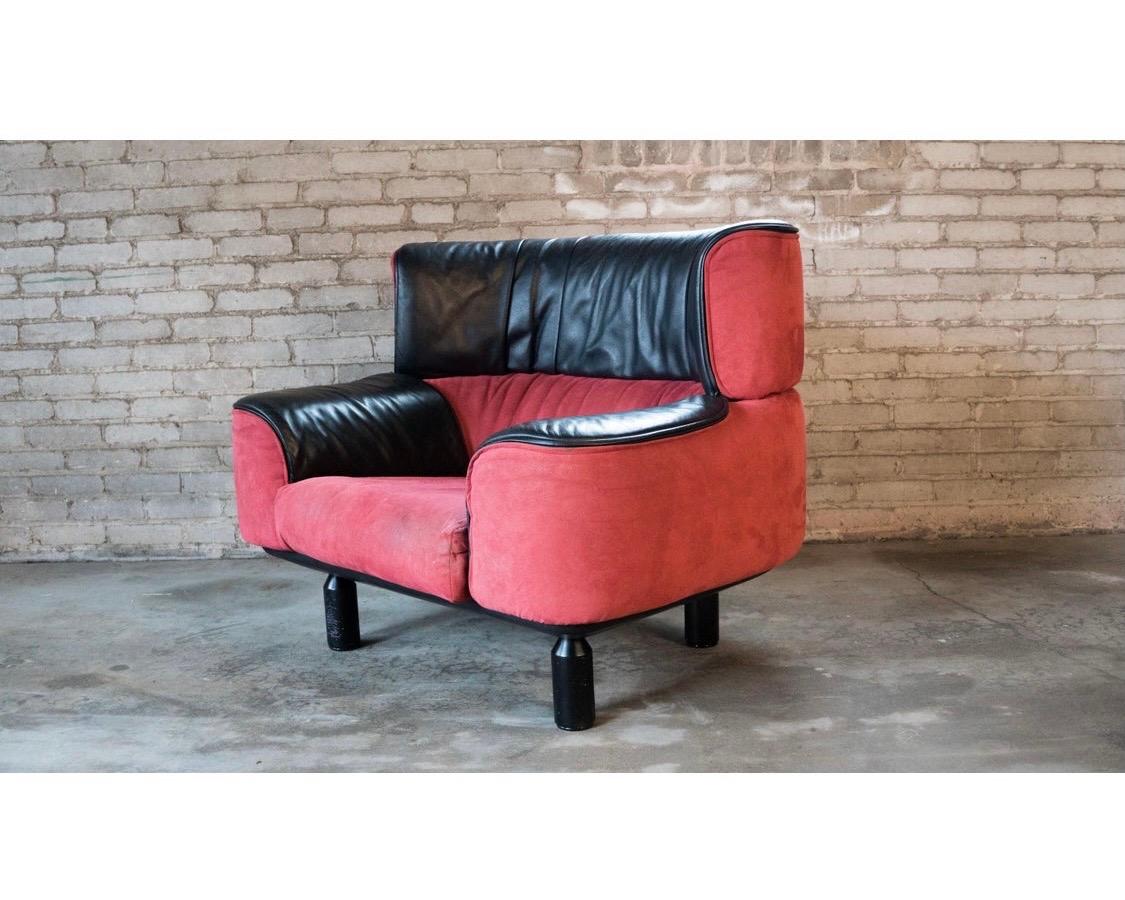 Rare 1980s Bull chair by Gianfranco Frattini for Cassina. All Cassina hallmarks present. Removable suede seat cushion shows some age appropriate wear but can easily be reupholstered. There is some wear on one of the legs but they too are removable