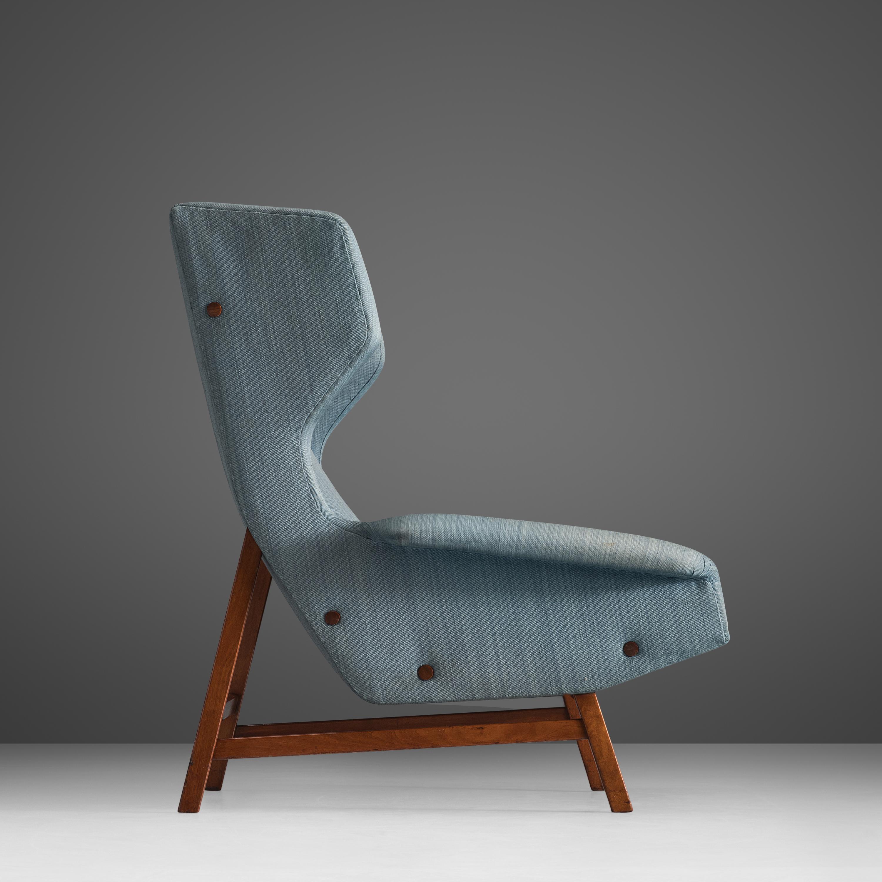 Gianfranco Frattini for Cassina Lounge Chair 877 in Blue Fabric and Teak In Good Condition In Waalwijk, NL