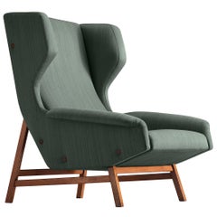 Fauteuil de salon Gianfranco Frattini pour Cassina en tissu vert et teck 