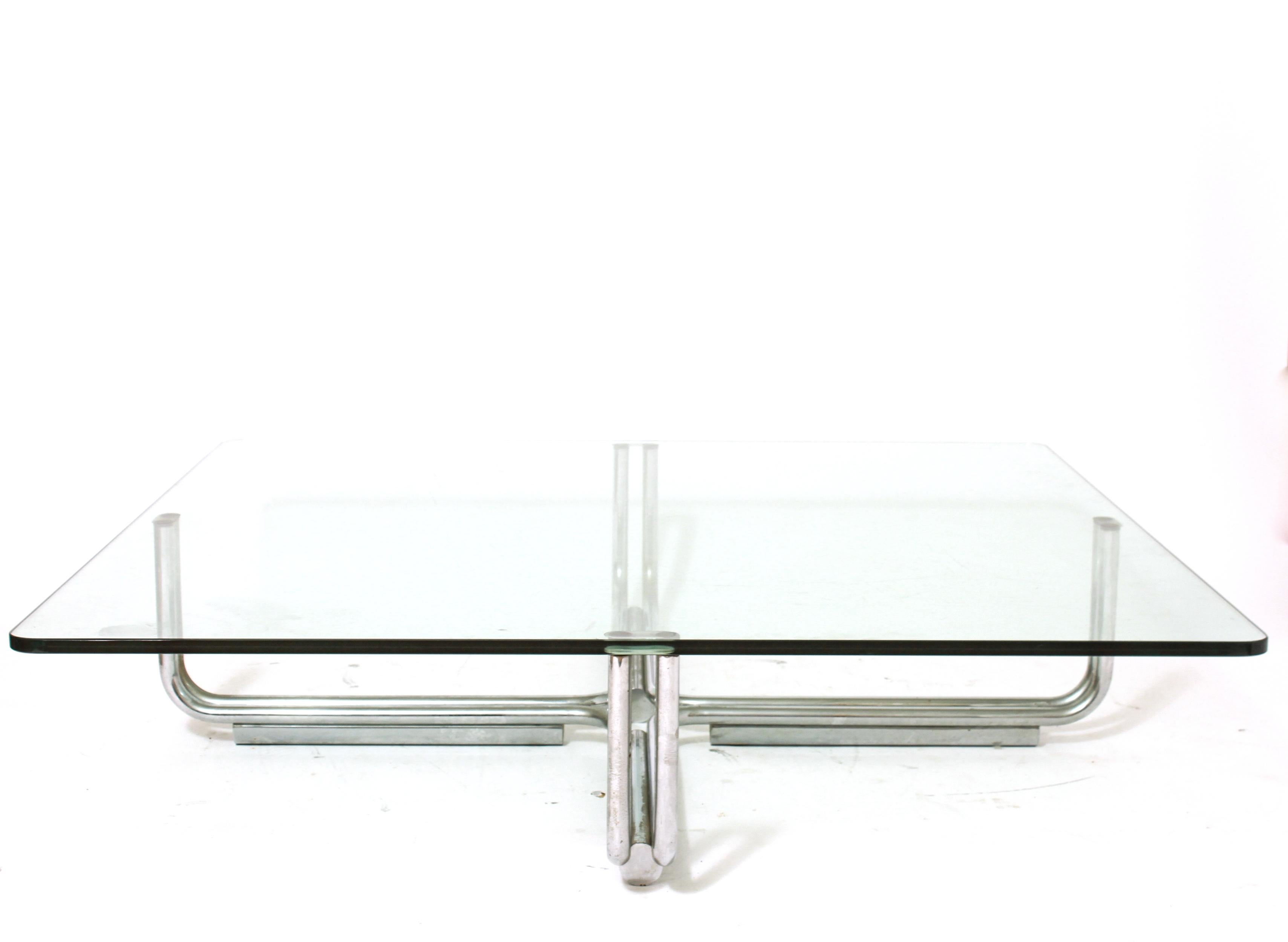 Italian Gianfranco Frattini For Cassina Modern Tubular Chrome & Glass Coffee Table