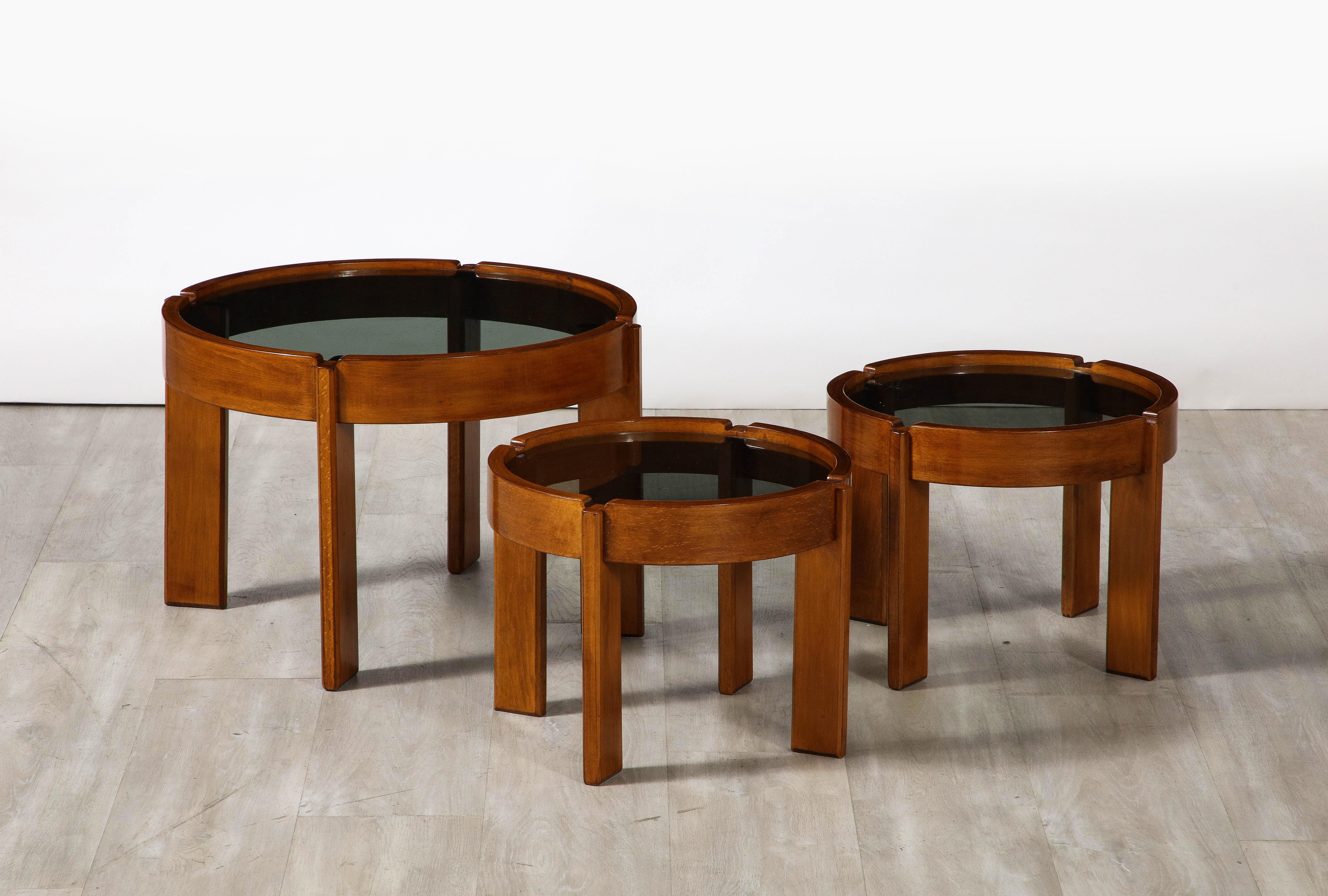 Mid-Century Modern Gianfranco Frattini for Cassina Set of 3 Smoked Glass and Walnut Tables, ca 1967