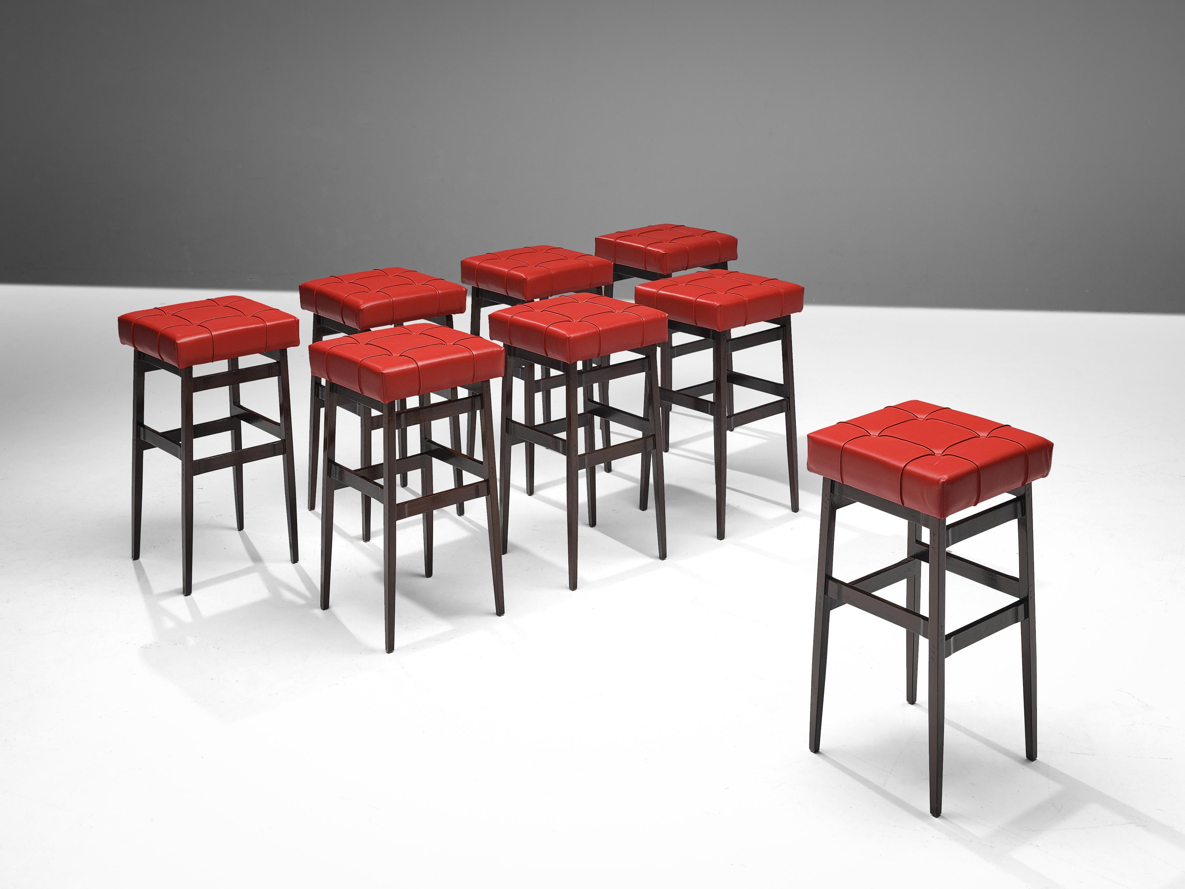 Gianfranco Frattini for Cassina, bar stools designed for the Hotel Parco dei Principi, stained walnut, faux leather, Italy, Rome, circa 1964

This astonishing set of bespoke bar stools is designed by Gianfranco Frattini for Hotel Parco dei Principi