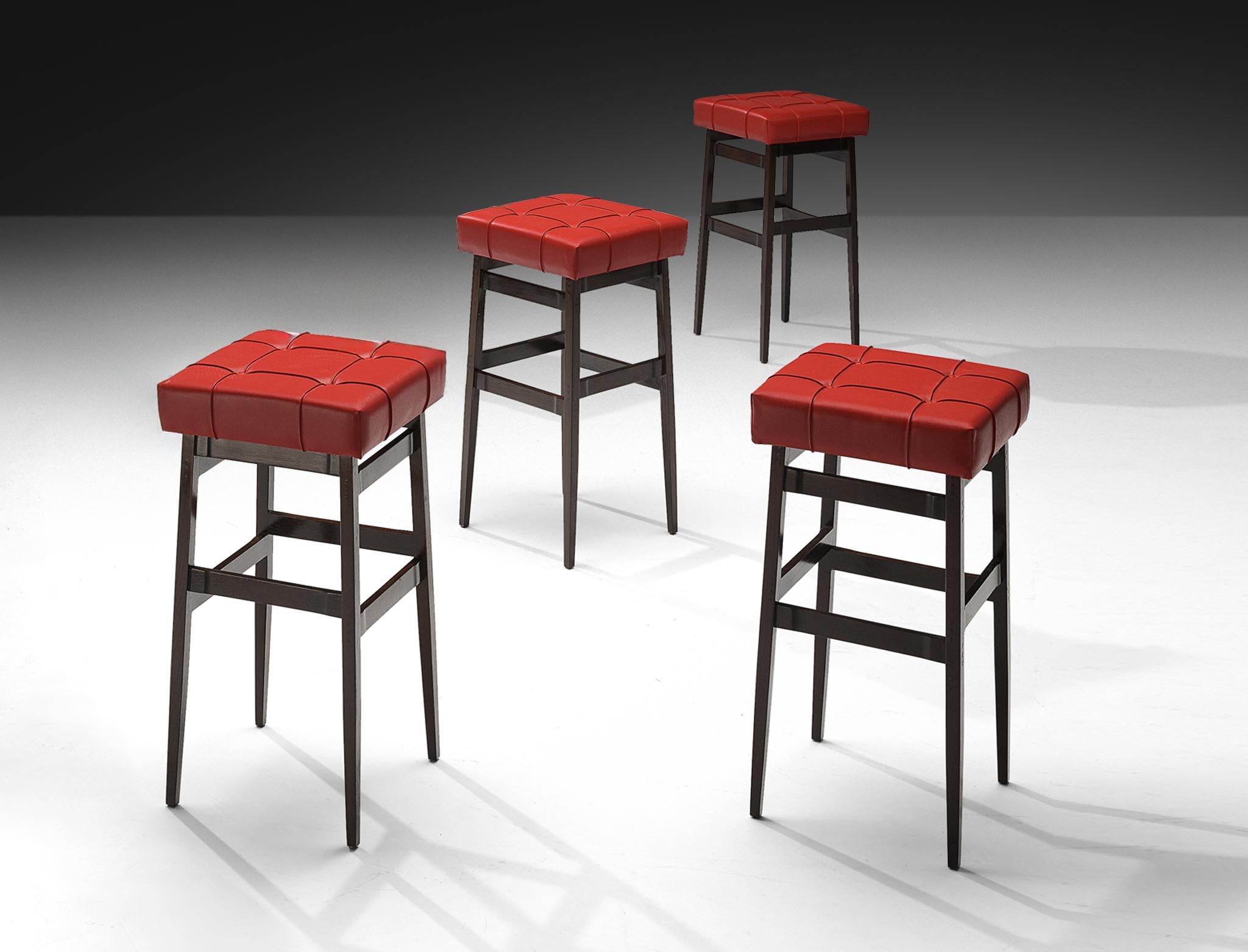 Gianfranco Frattini for Cassina, bar stools, model '112', walnut, leatherette, Italy, 1959 

These barstools, model 112, were first created for the Stork Club restaurant in Milan. The interior and furnishings were designed by Gianfranco Frattini,