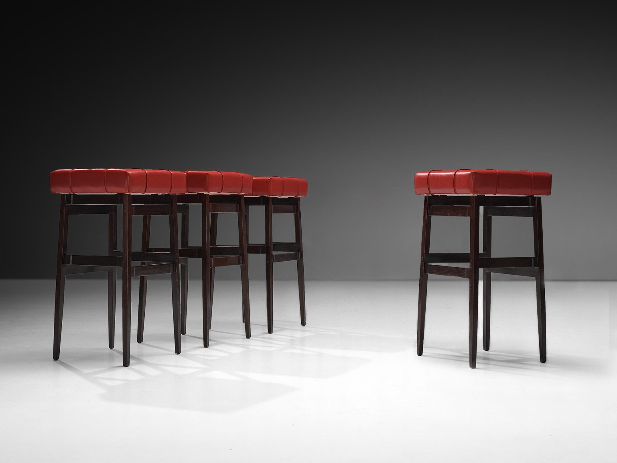 Italian Gianfranco Frattini for Cassina Set of Eight Barstools in Stained Walnut For Sale