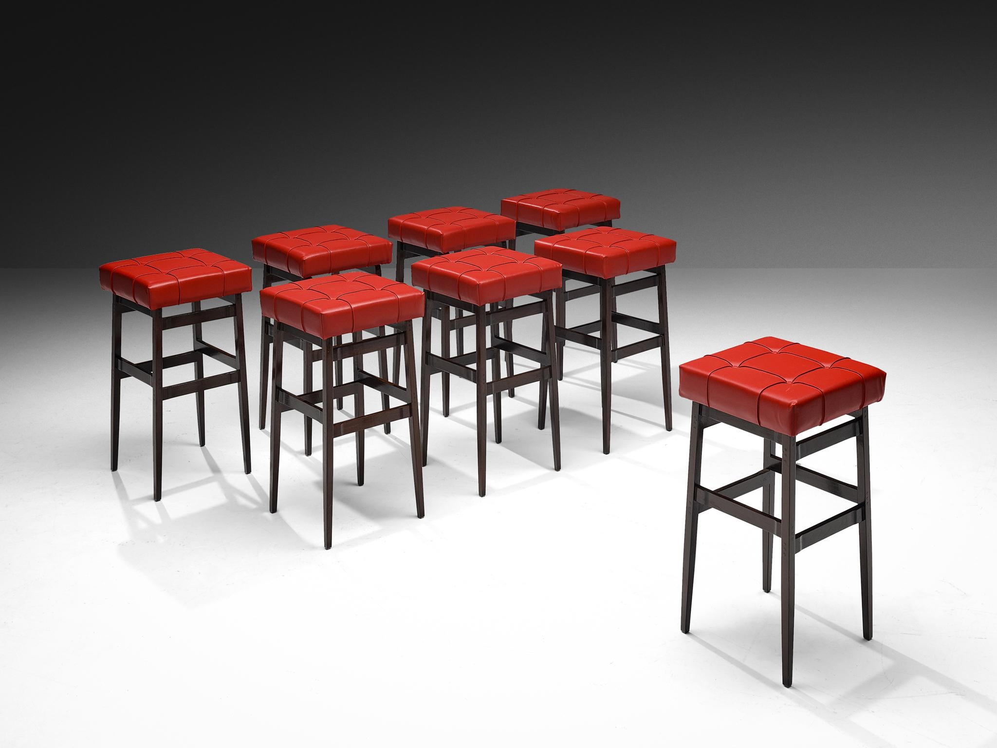 Gianfranco Frattini for Cassina, bar stools, model '112', walnut, leatherette, Italy, 1959 

These barstools, model 112, were first created for the Stork Club restaurant in Milan. The interior and furnishings were designed by Gianfranco Frattini,