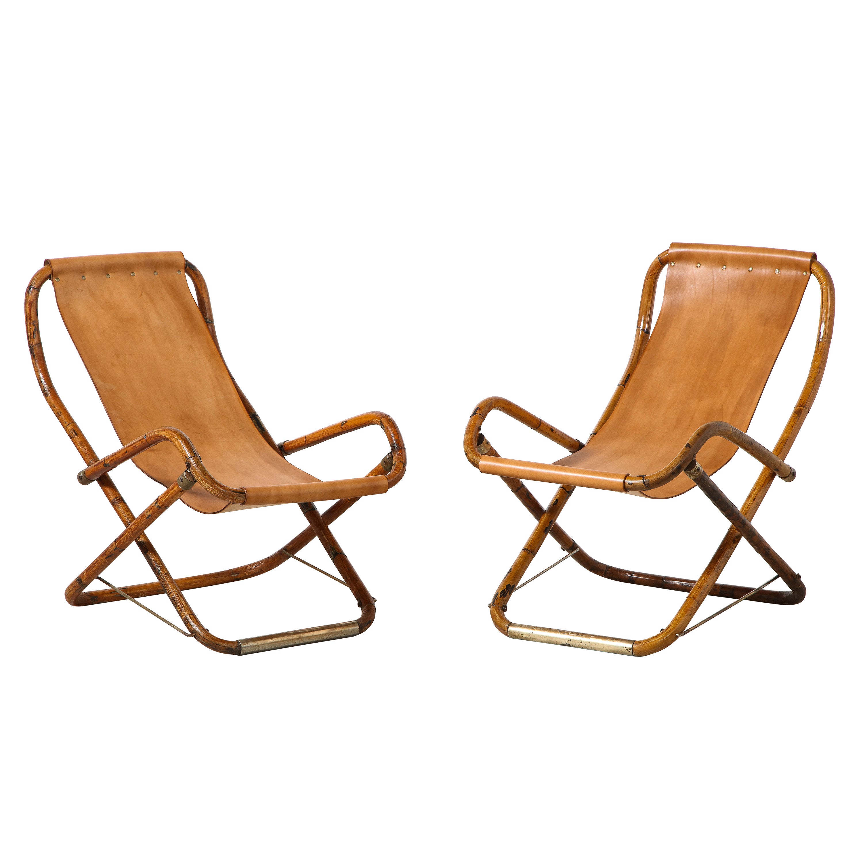 Gianfranco Frattini - Sedie da campagna in bambù, pelle e ottone, 1960 ca.
