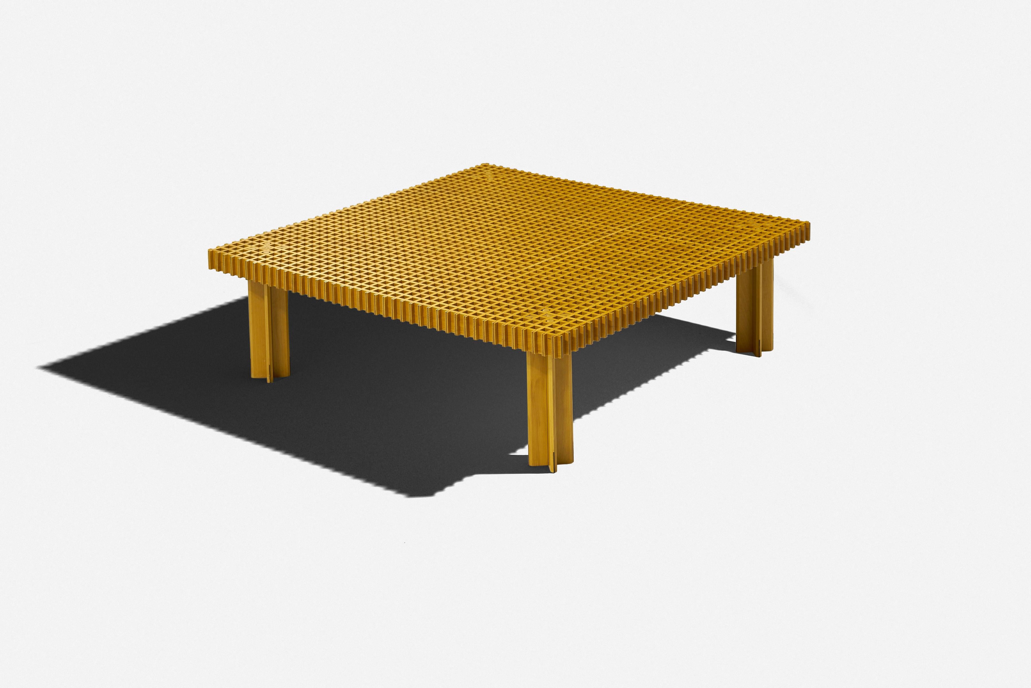 Gianfranco Frattini
Kyoto coffee table
Ghianda sold by Knoll
Italy 
jointed beech
44½ w × 44½ d inches

This is the original production from the Ghianda, not a new reproduction. Legs can be spaced at different widths.

Laquered Beach wood with