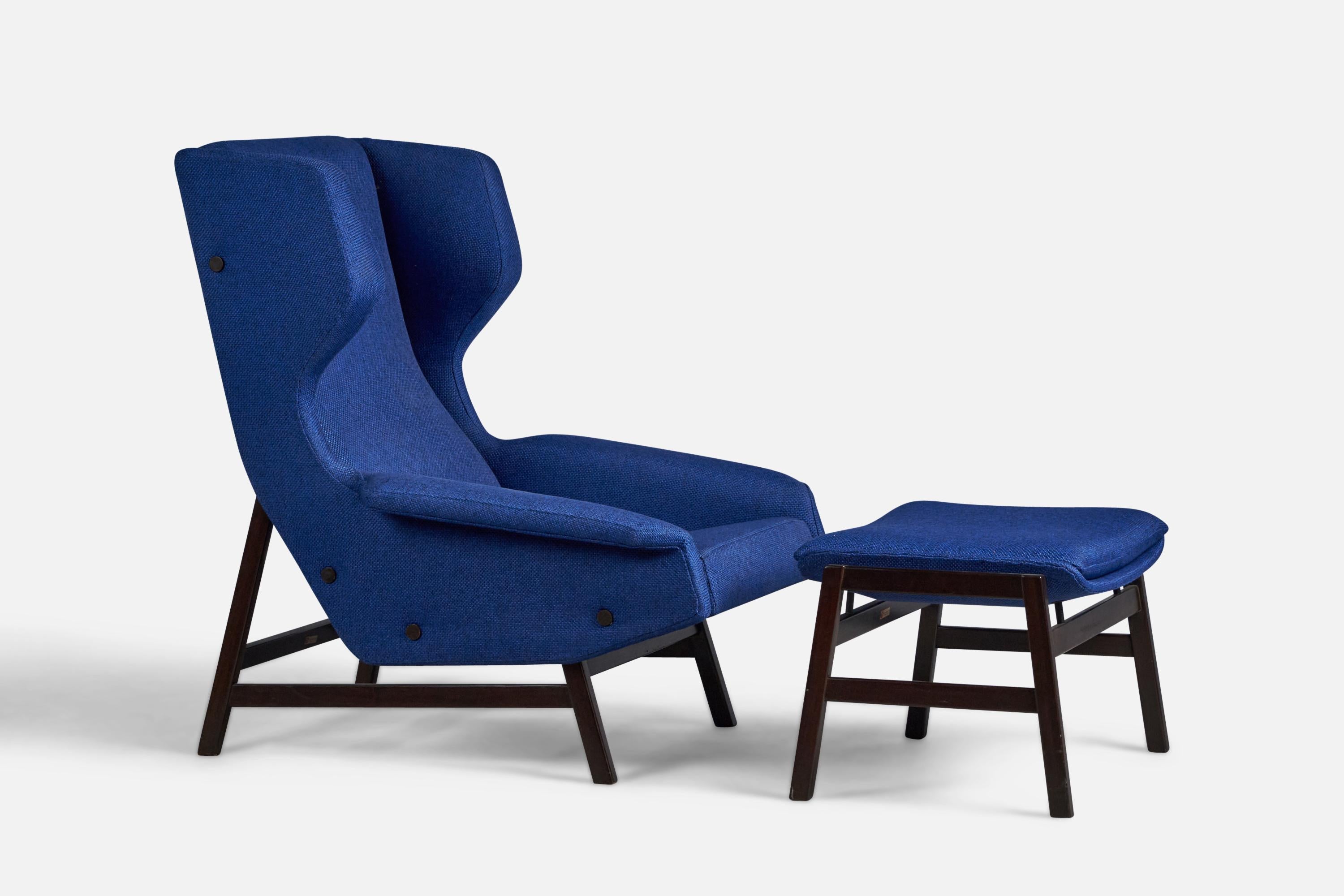 A blue fabric and dark-stained wood lounge chair designed by Gianfranco Frattini and produced by Cassina, Italy, 1950s.

Seat Height: 15.5” H

Leg Rest Dimensions (inches): 16.5” H x 23.5” W x 19” D