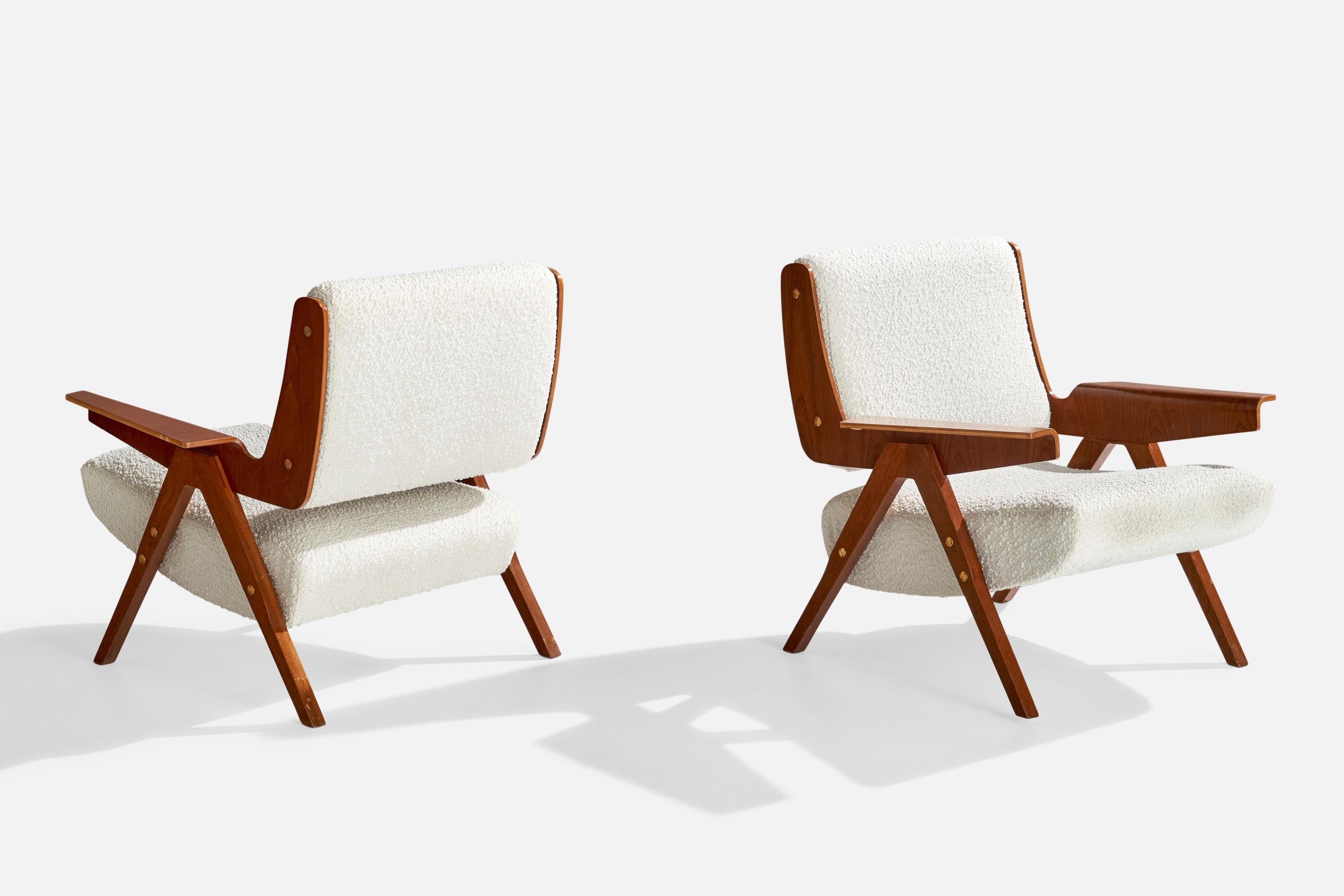 Mid-Century Modern Gianfranco Frattini, Lounge Chairs, Plywood, Fabric, Italy, 1950s For Sale