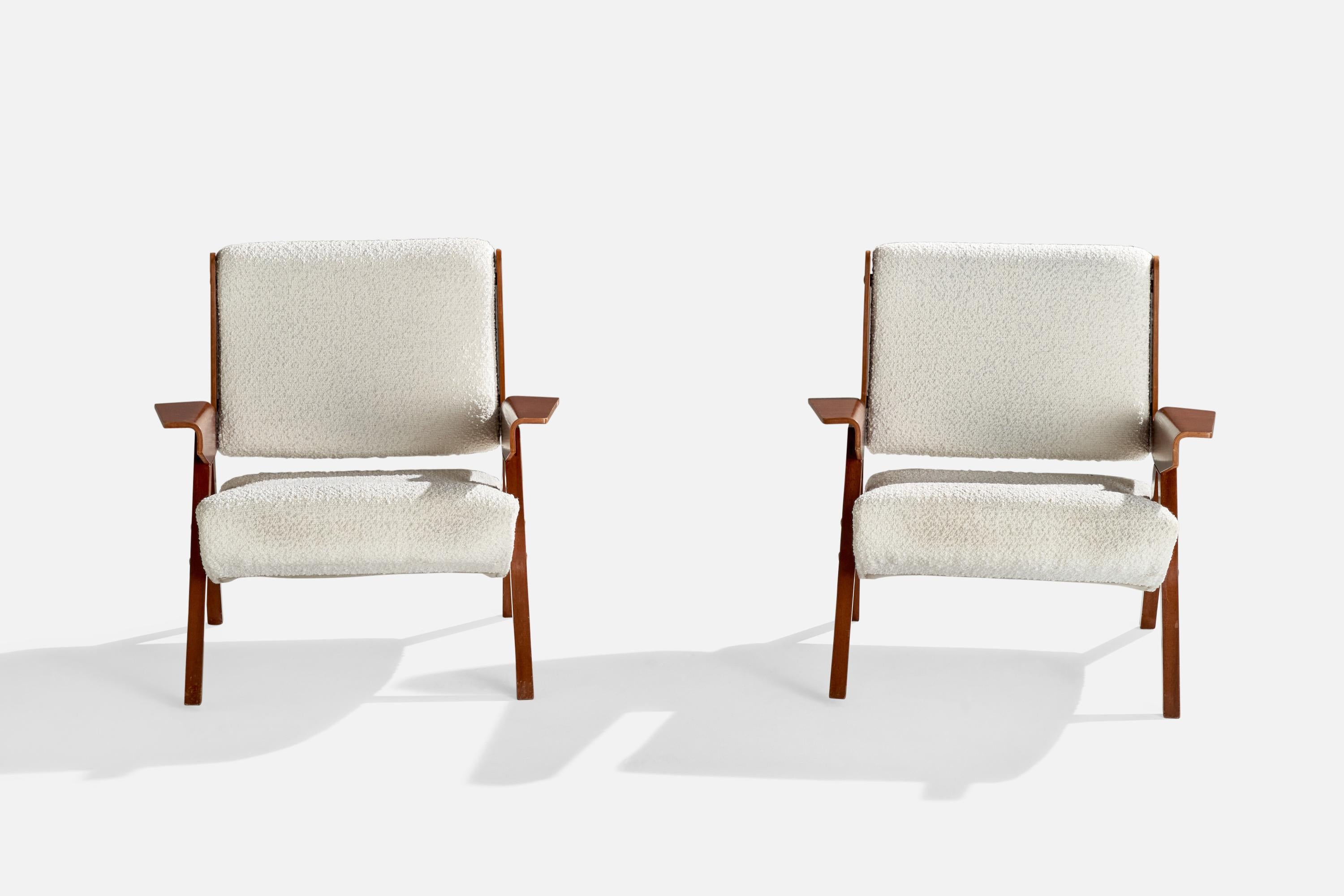 Italian Gianfranco Frattini, Lounge Chairs, Plywood, Fabric, Italy, 1950s For Sale