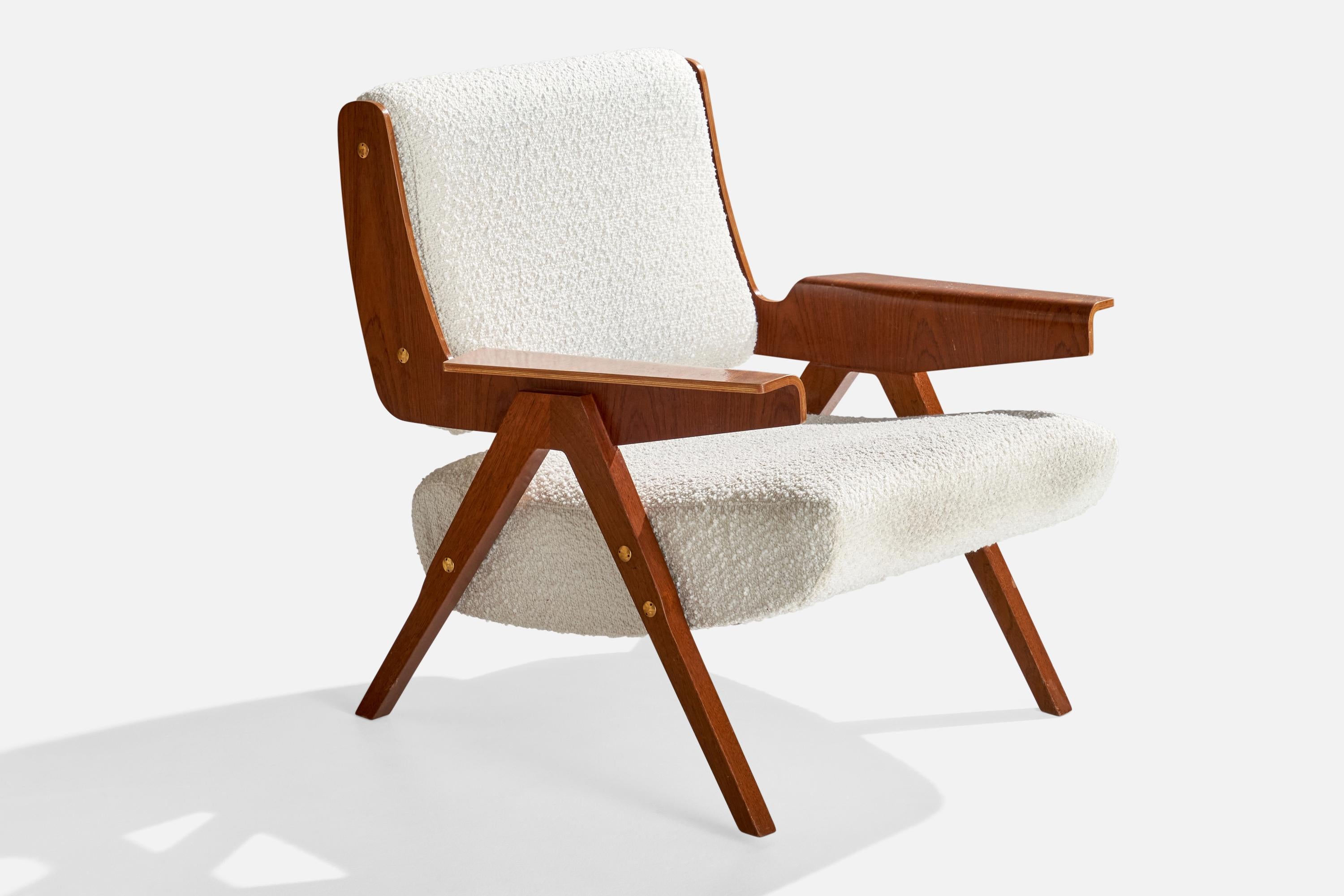 Brass Gianfranco Frattini, Lounge Chairs, Plywood, Fabric, Italy, 1950s For Sale