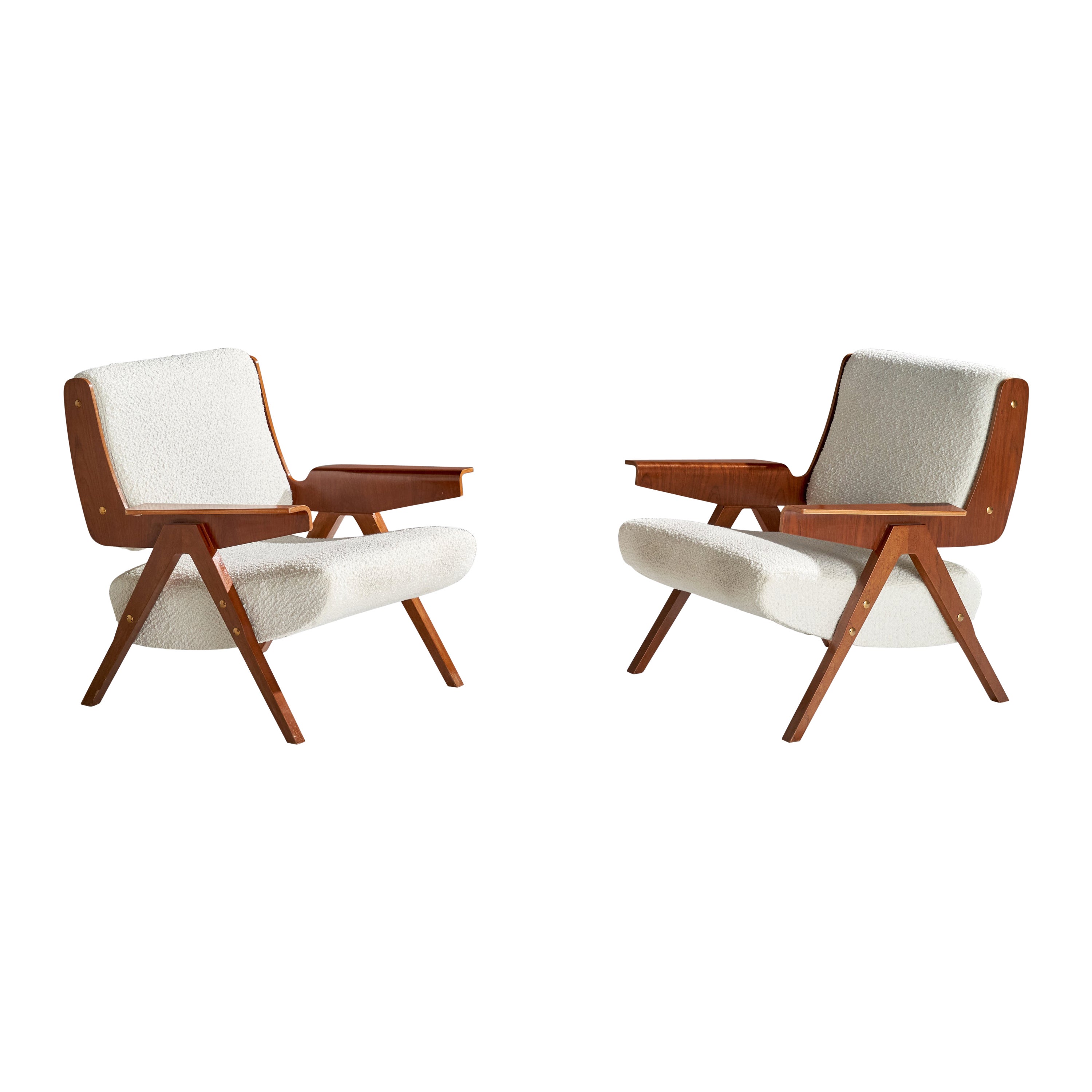 Gianfranco Frattini, Lounge Chairs, Plywood, Fabric, Italy, 1950s