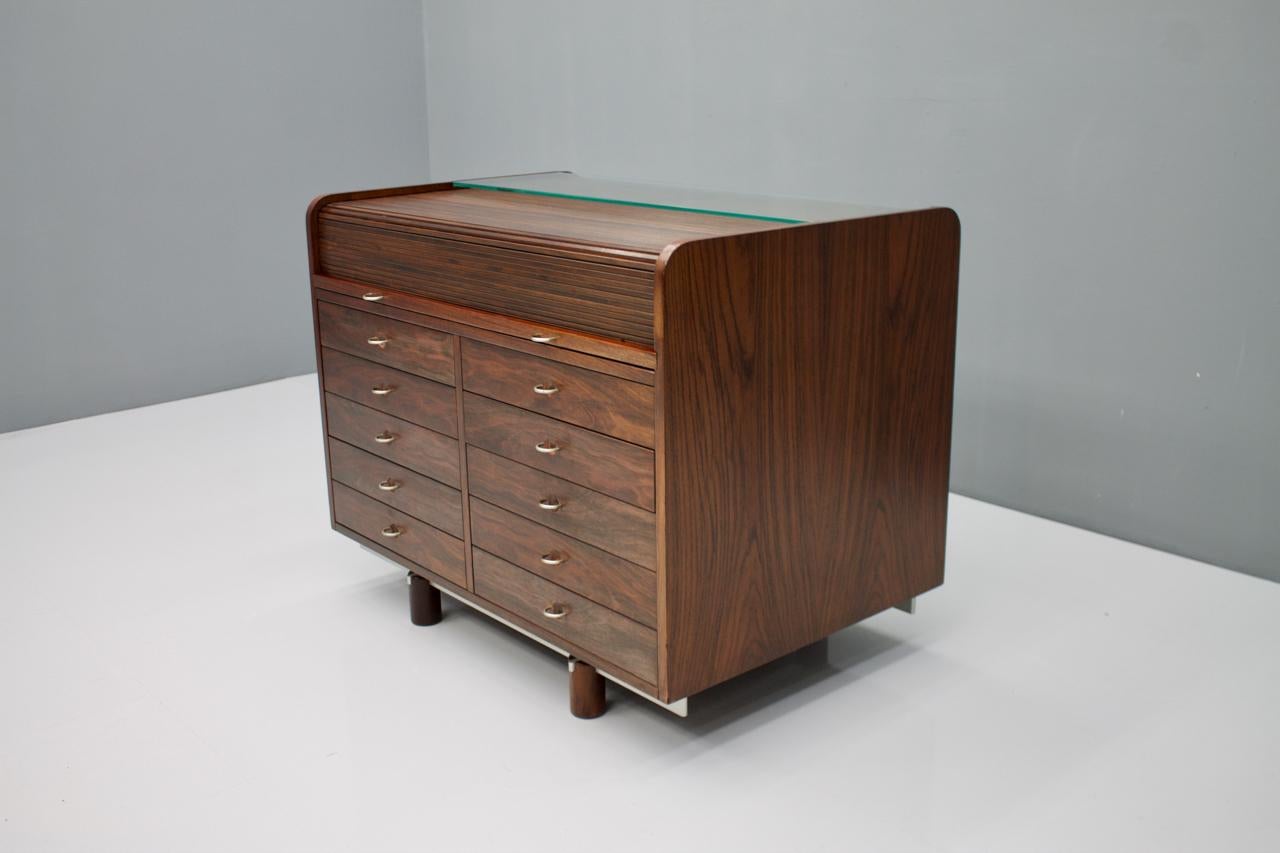 Italian Gianfranco Frattini Mahogany Secretary Desk with Roll Top, Bernini, Italy, 1961