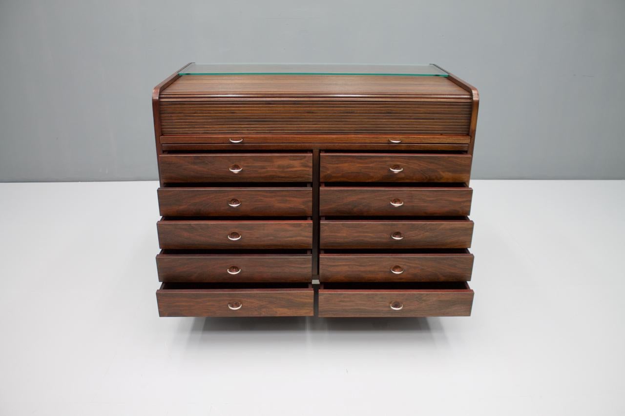 Mid-20th Century Gianfranco Frattini Mahogany Secretary Desk with Roll Top, Bernini, Italy, 1961