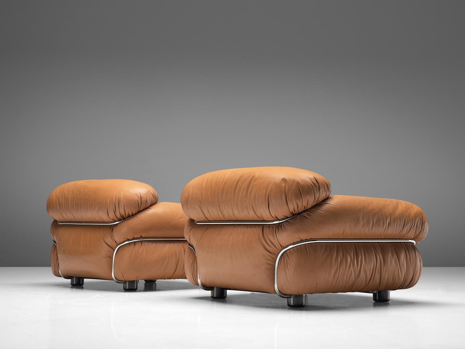 Mid-Century Modern Gianfranco Frattini Pair of 'Sesann' Lounge Chairs in Original Cognac Leather
