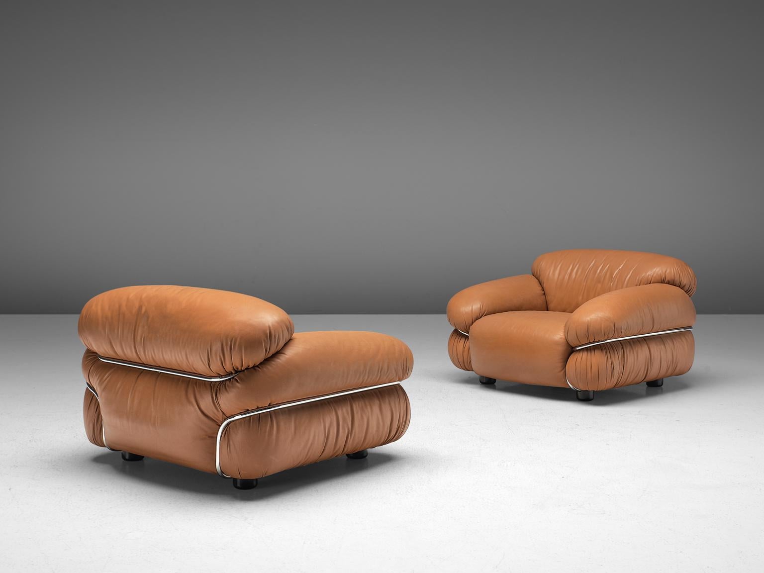 Italian Gianfranco Frattini Pair of 'Sesann' Lounge Chairs in Original Cognac Leather