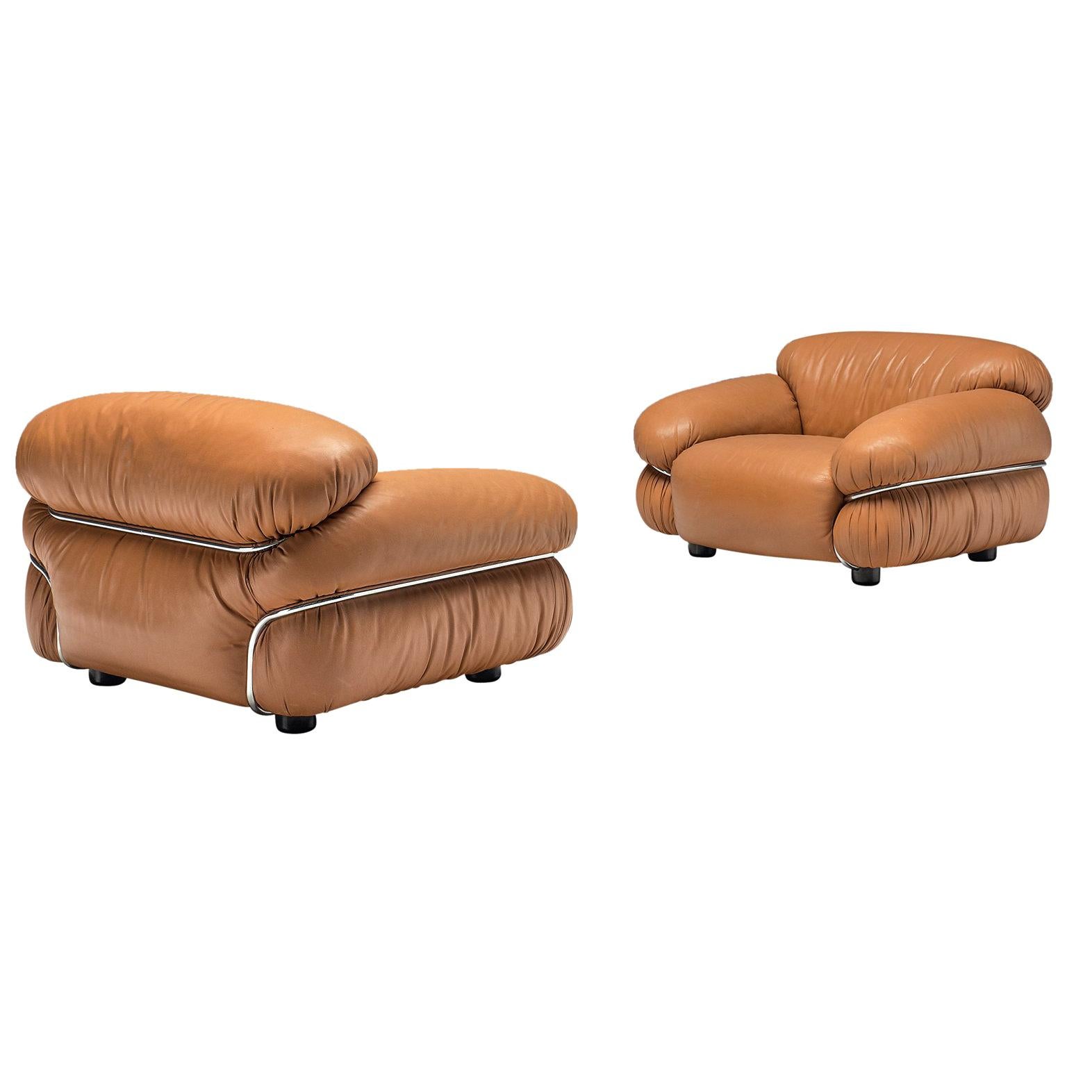 Gianfranco Frattini Pair of 'Sesann' Lounge Chairs in Original Cognac Leather