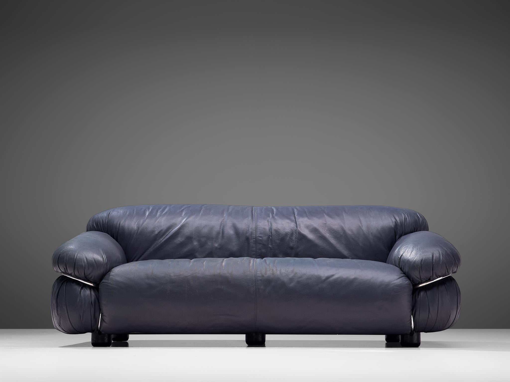 Mid-Century Modern Gianfranco Frattini Pair of 'Sesann' Sofas in Blue Leather