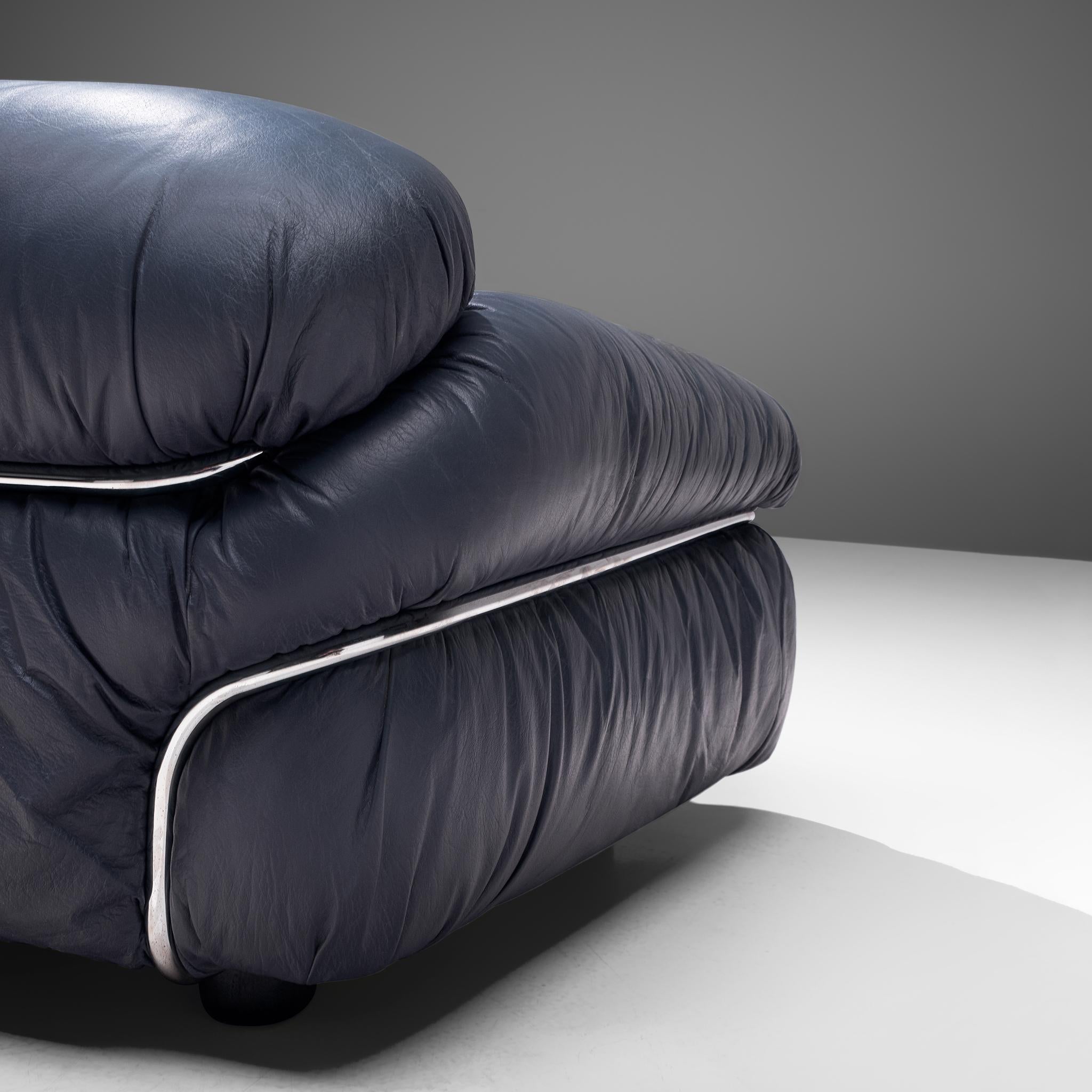 Italian Gianfranco Frattini Pair of 'Sesann' Sofas in Blue Leather