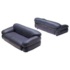 Gianfranco Frattini Pair of 'Sesann' Sofas in Blue Leather