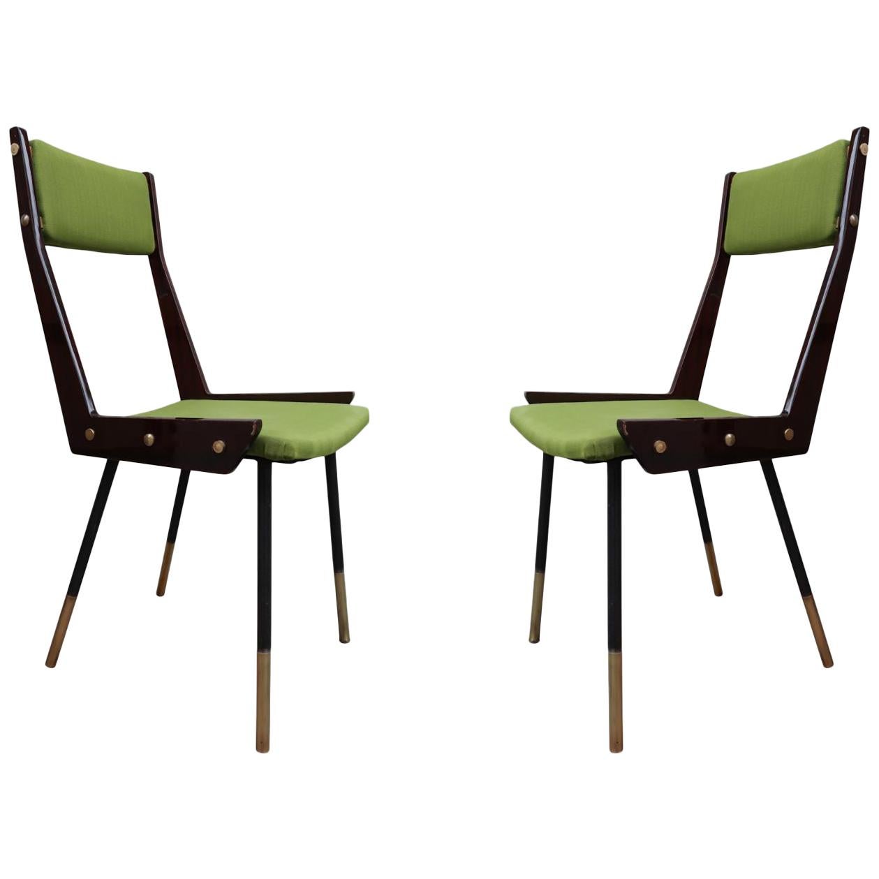 Gianfranco Frattini Rosewood, Brass, Metal and Green Wool Midcentury Chairs 1960 For Sale