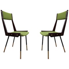 Gianfranco Frattini Rosewood, Brass, Metal and Green Wool Midcentury Chairs 1960