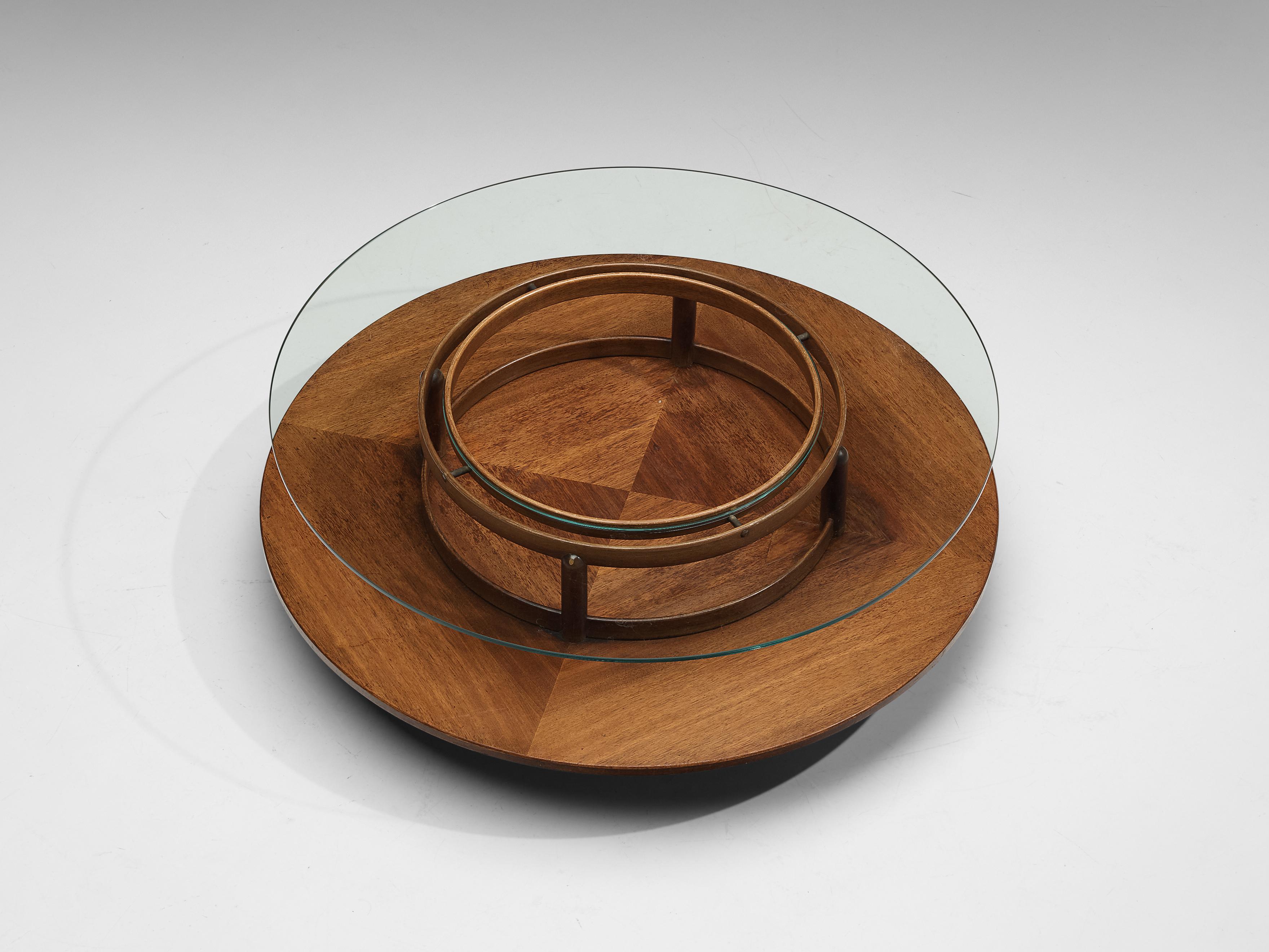 Mid-Century Modern Gianfranco Frattini Round Coffee Table in Walnut and Glass 