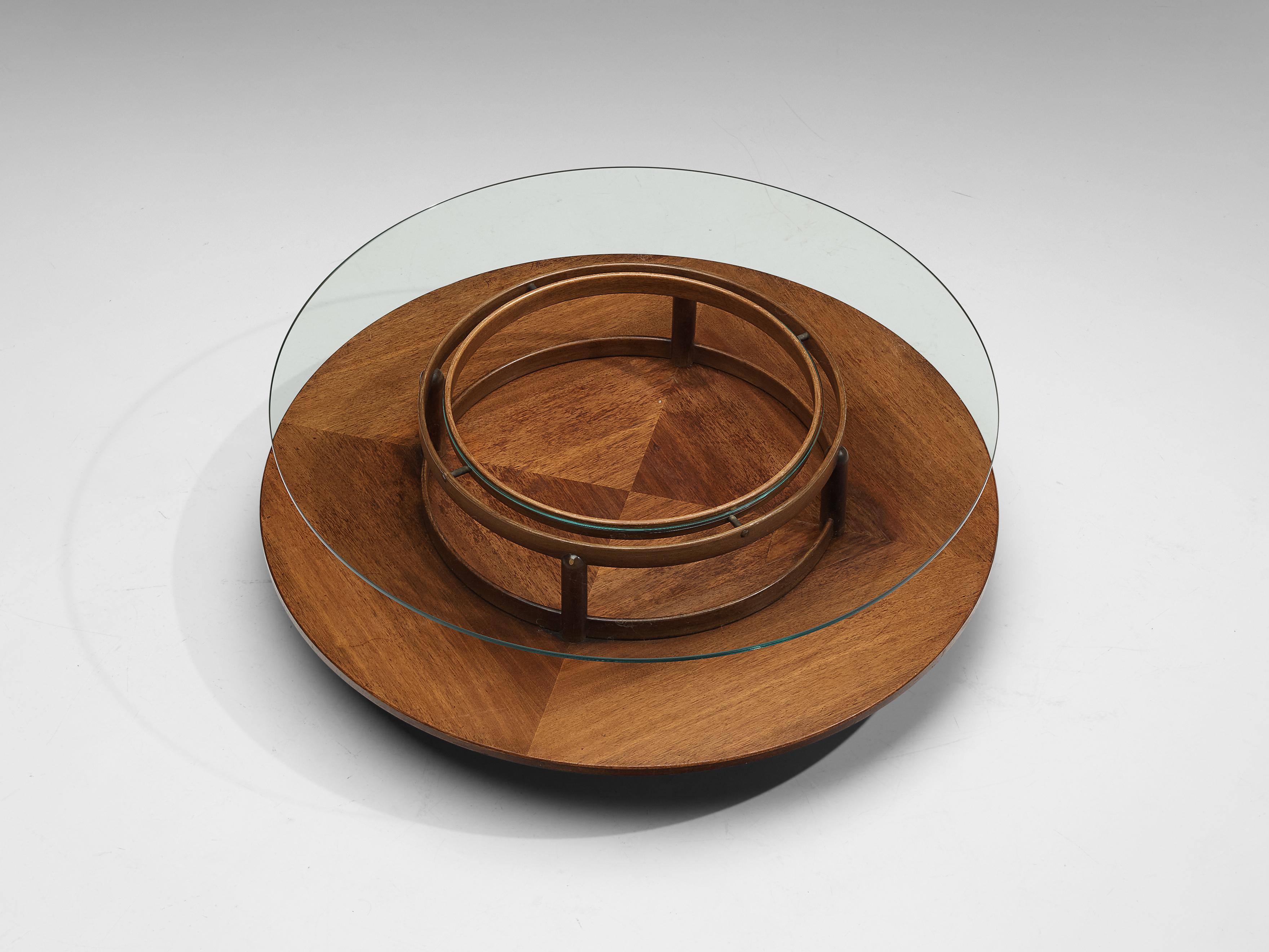 Mid-Century Modern Gianfranco Frattini Round Coffee Table in Walnut and Glass