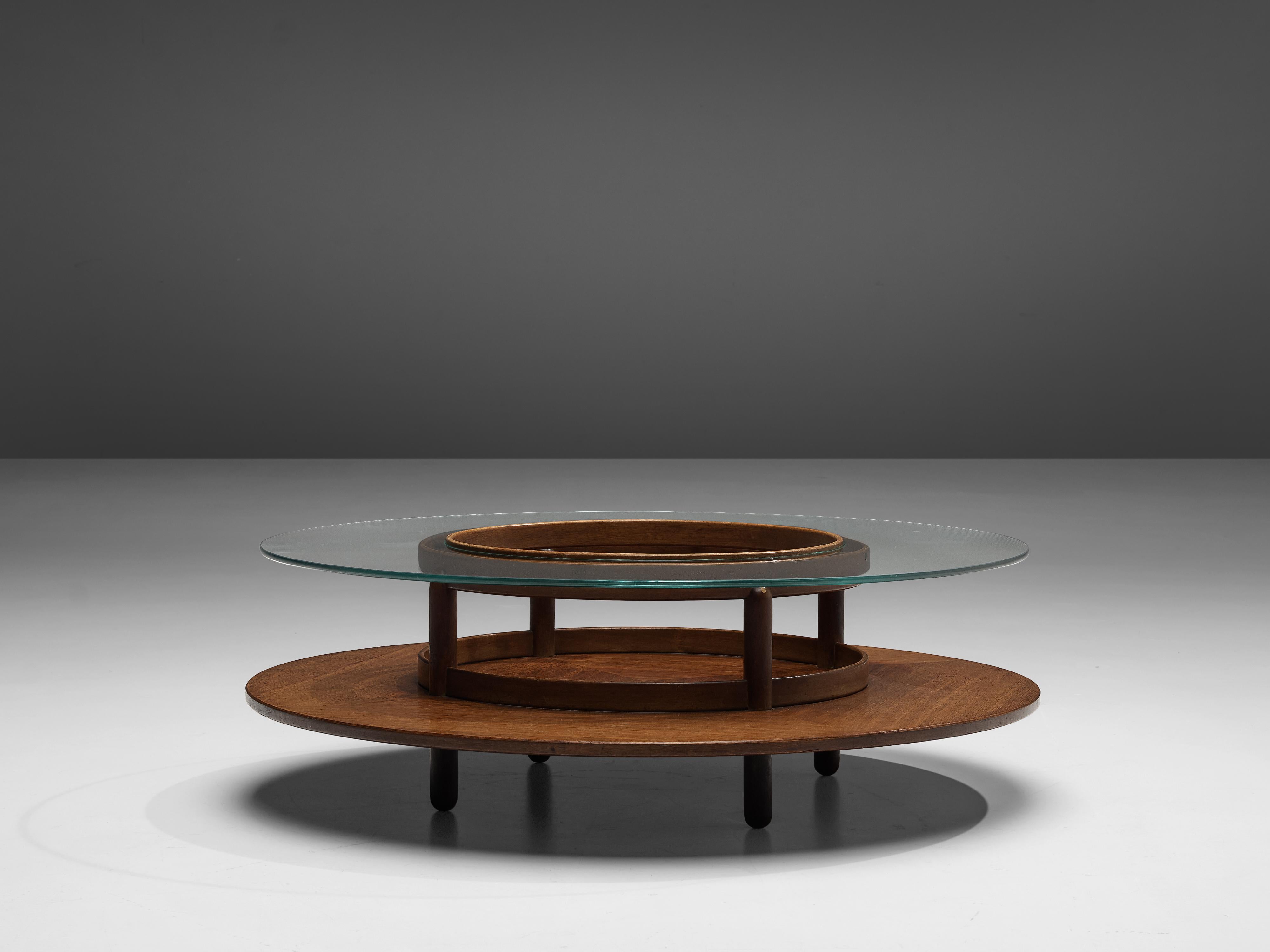 Italian Gianfranco Frattini Round Coffee Table in Walnut and Glass  For Sale