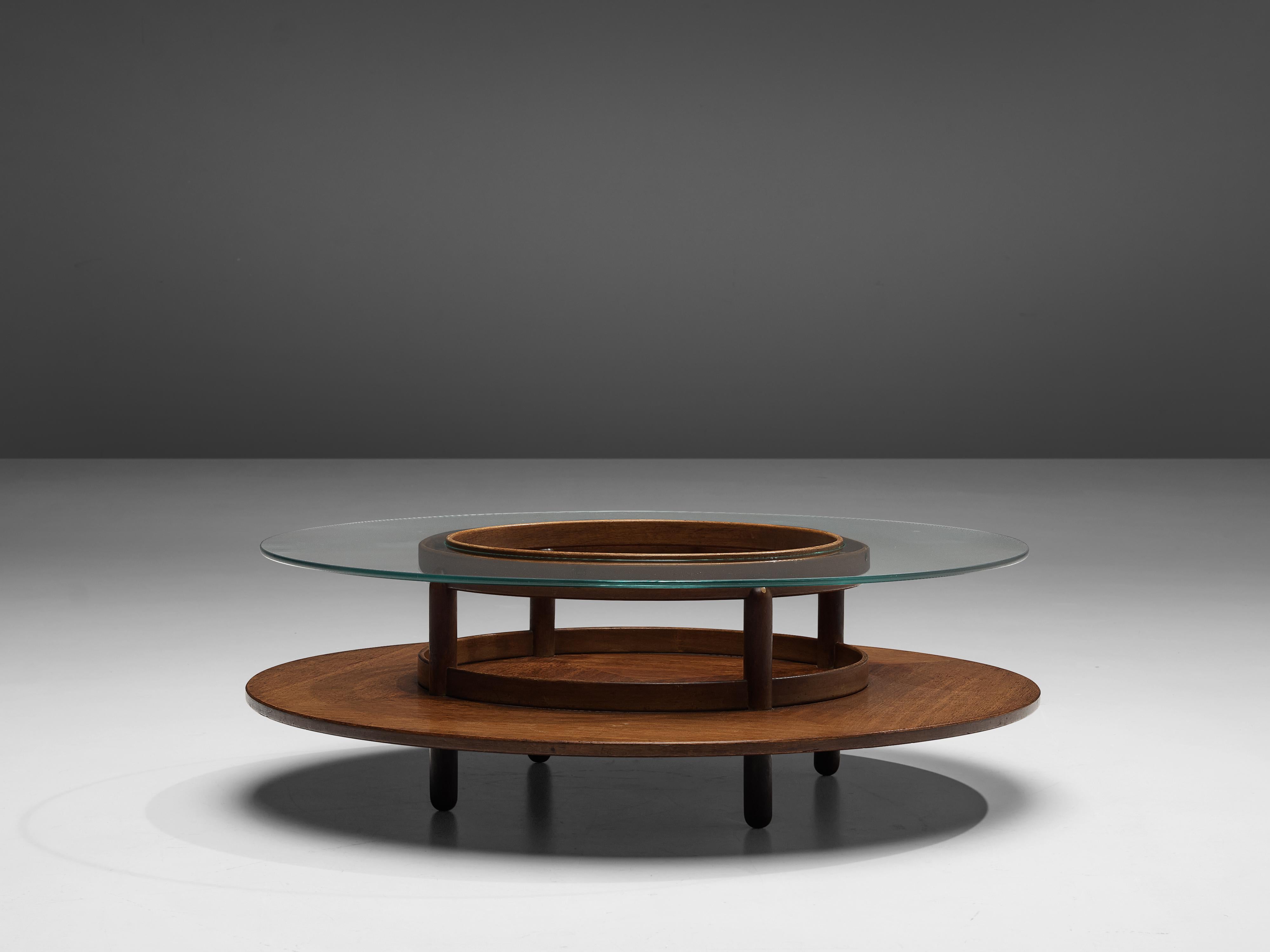 Italian Gianfranco Frattini Round Coffee Table in Walnut and Glass