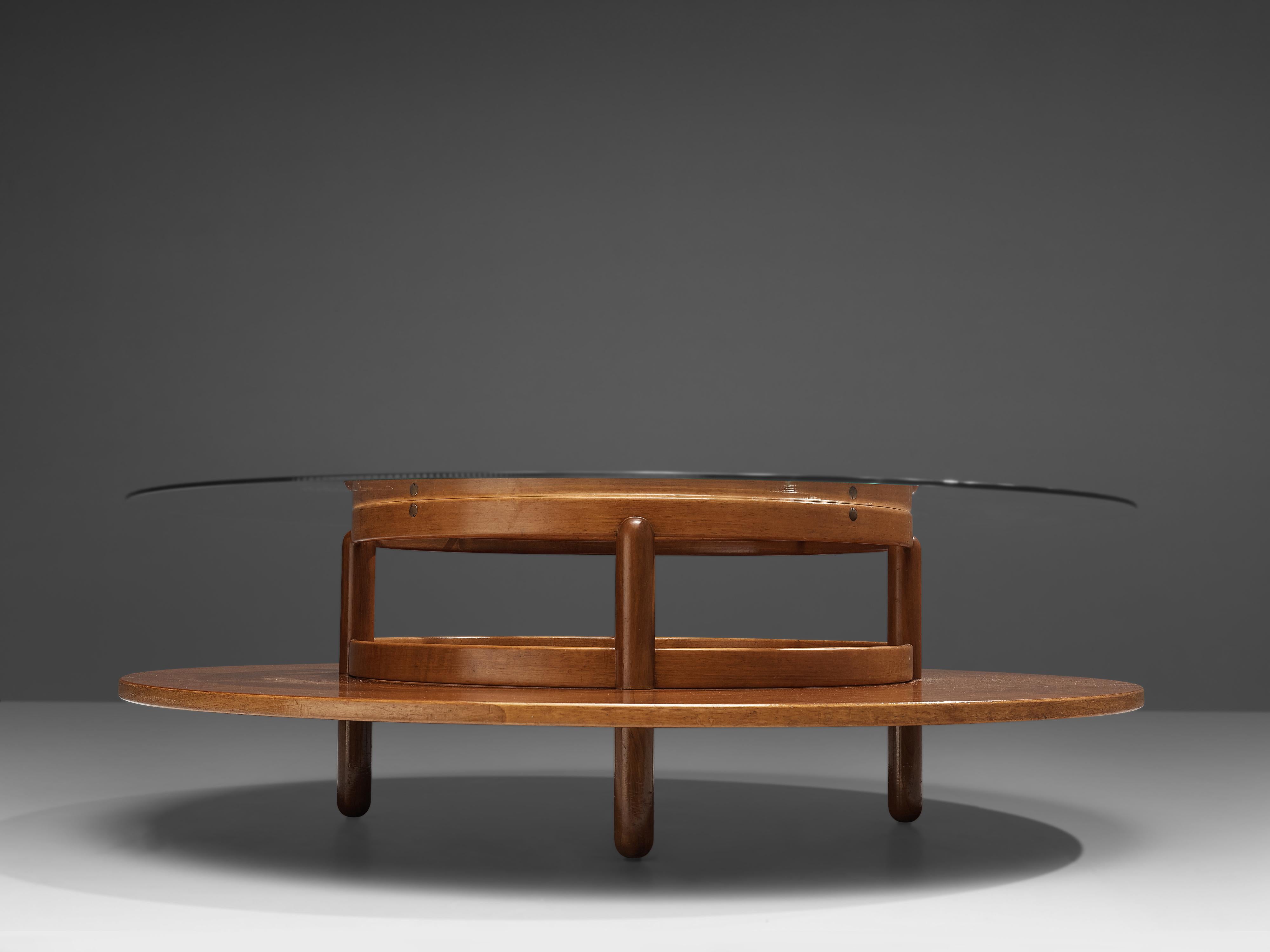 Italian Gianfranco Frattini Round Coffee Table in Walnut and Glass