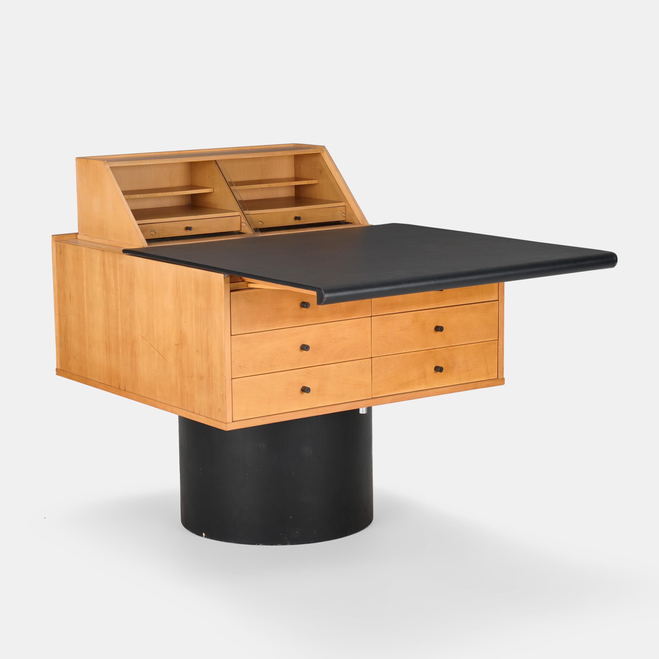 The form is both innovative and elegant: the desk functions seamlessly as an entrance accent, a refined workspace, or a secretary station, with a matching chair that tucks effortlessly beneath when not in use. Its sculptural silhouette and