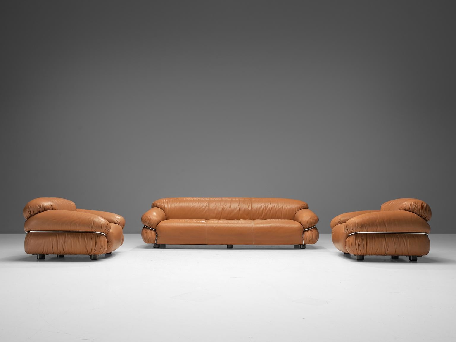 Mid-Century Modern Gianfranco Frattini 'Sesann' Livingroom Set in Original Cognac Leather