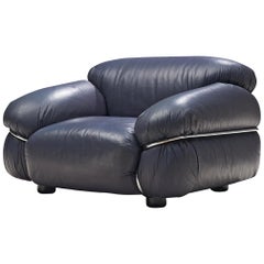 Gianfranco Frattini 'Sesann' Lounge Chair in Original Night Blue Leather