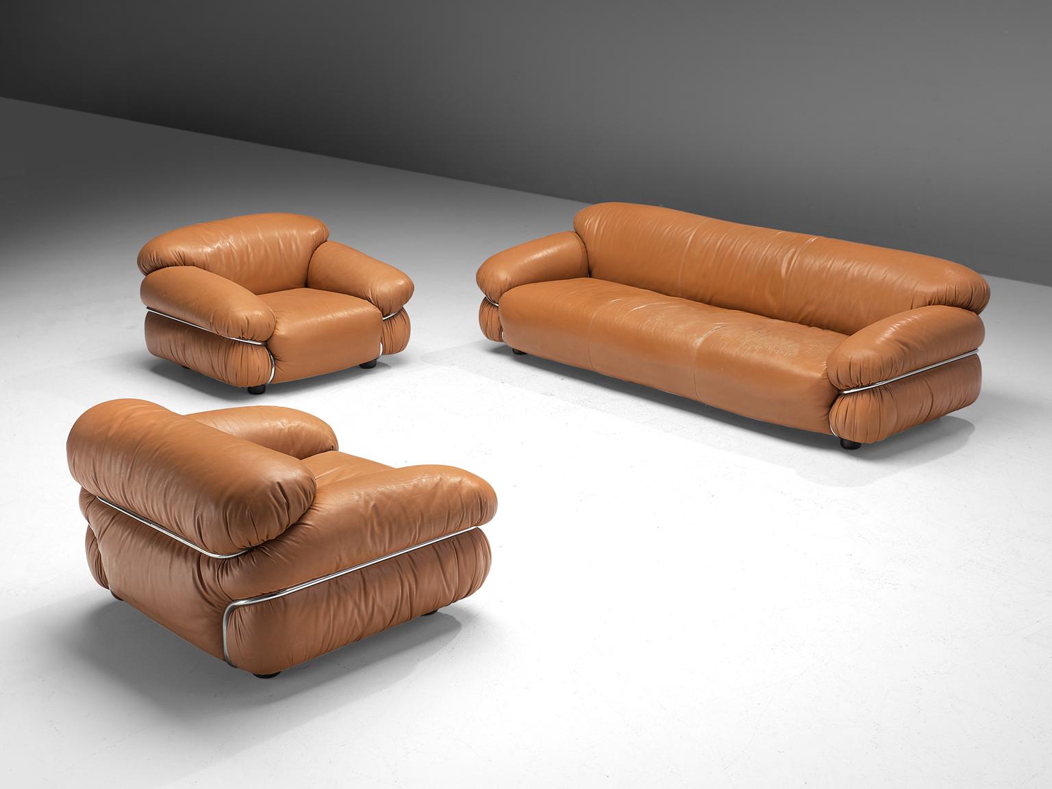 Gianfranco Frattini 'Sesann' Sofa in Original Cognac Leather In Good Condition In Waalwijk, NL