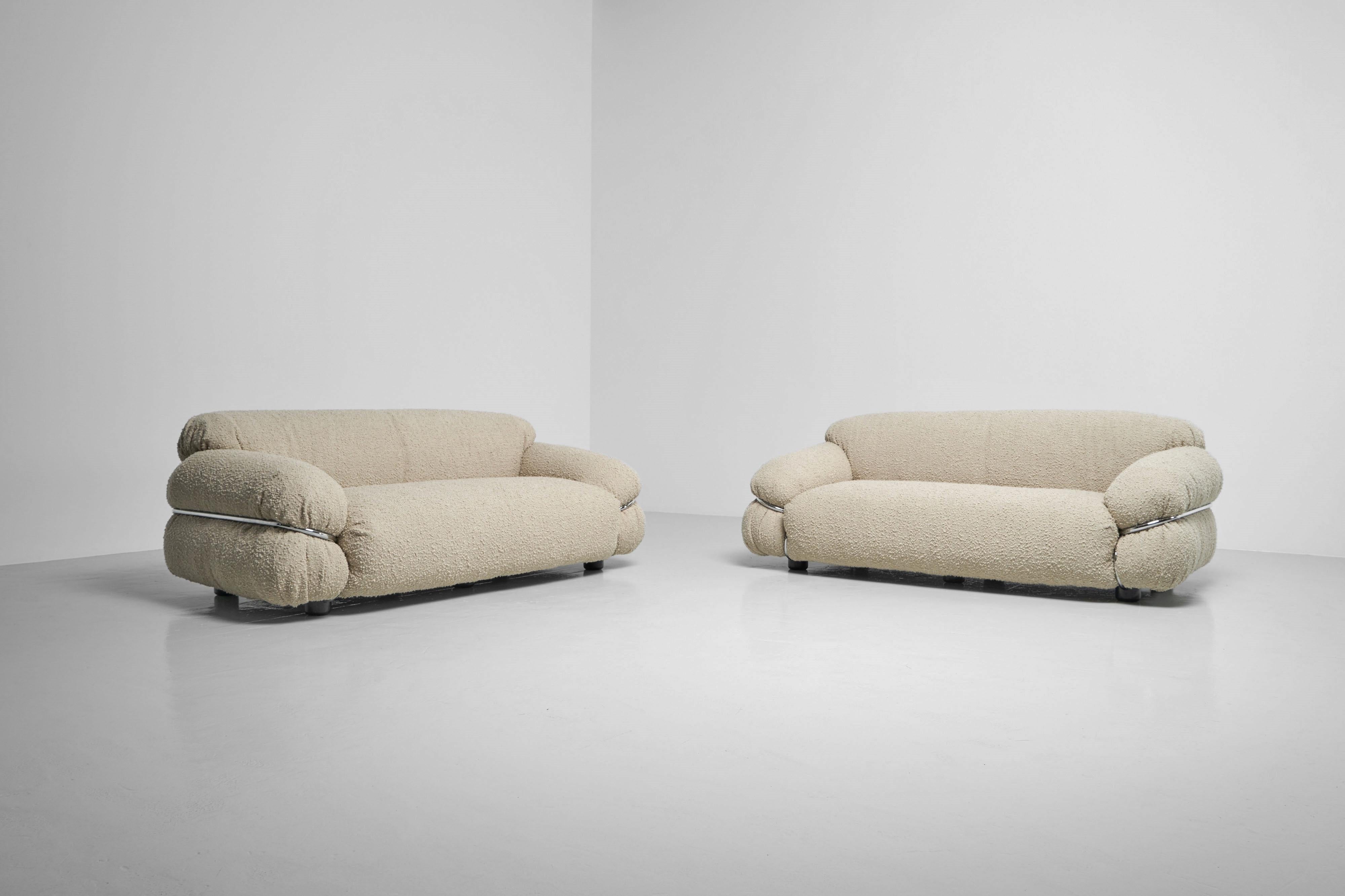 Very nice early pair of 2-seater ‘Sesann’ sofas designed by Gianfranco Frattini and manufactured by Cassina, Italy 1969. This super comfortable pair of sofas have been recently reupholstered in a very nice sand coloured bouclé fabric. The chrome