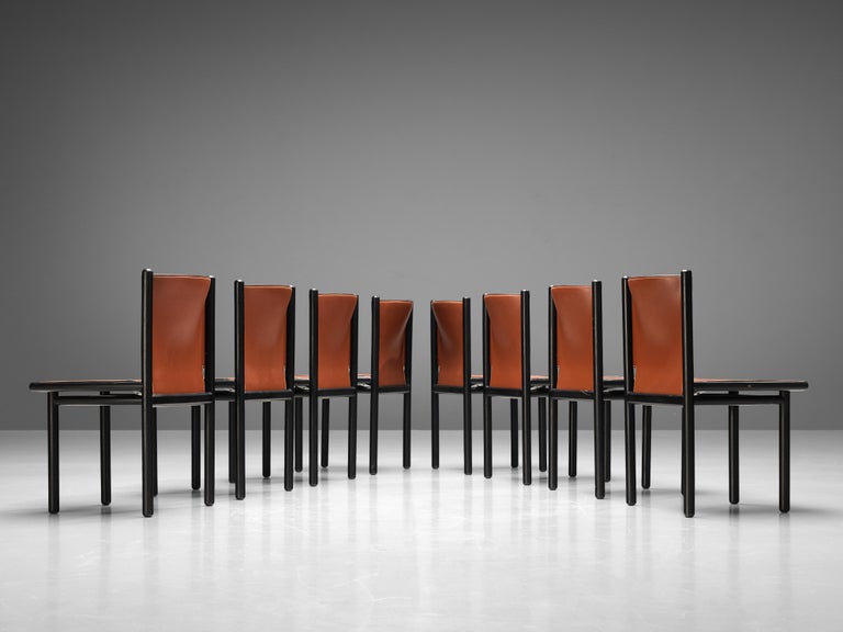 Gianfranco Frattini Set of Eight 'Caprile' Dining Chairs in Red Leather For Sale 1