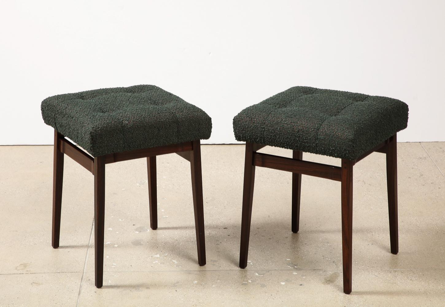 Pair of Upholstered Stools by Gianfranco Frattini for Cassina.  Rosewood, fabric. Great architectural design that was originally offered in 3 different heights. This model was used extensively in Gio Ponti's iconic Parco dei Principe Hotels. Price