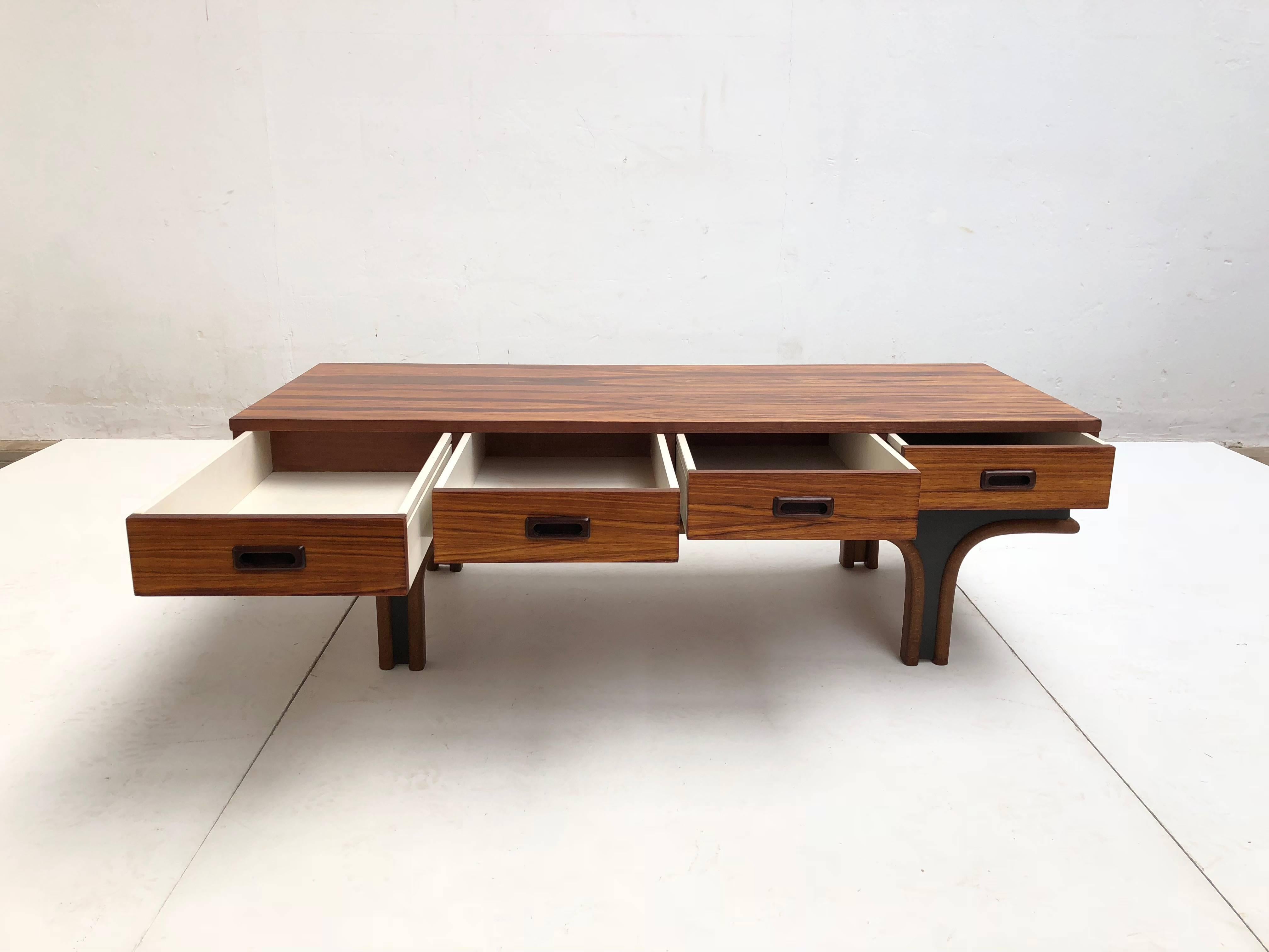 Mid-20th Century Gianfranco Frattini Style Low Table, Credenza in Mahogany, Birch & Leather 1960s