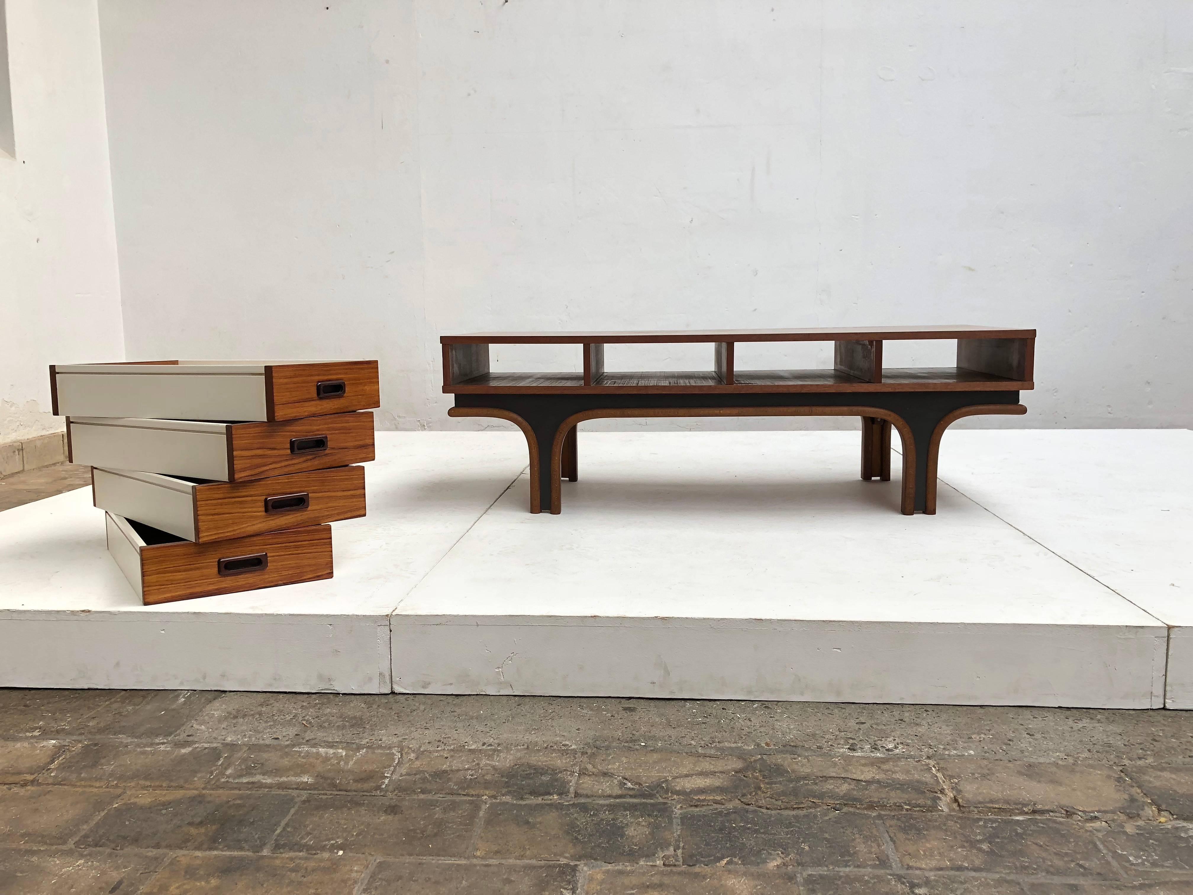 Gianfranco Frattini Style Low Table, Credenza in Mahogany, Birch & Leather 1960s 1