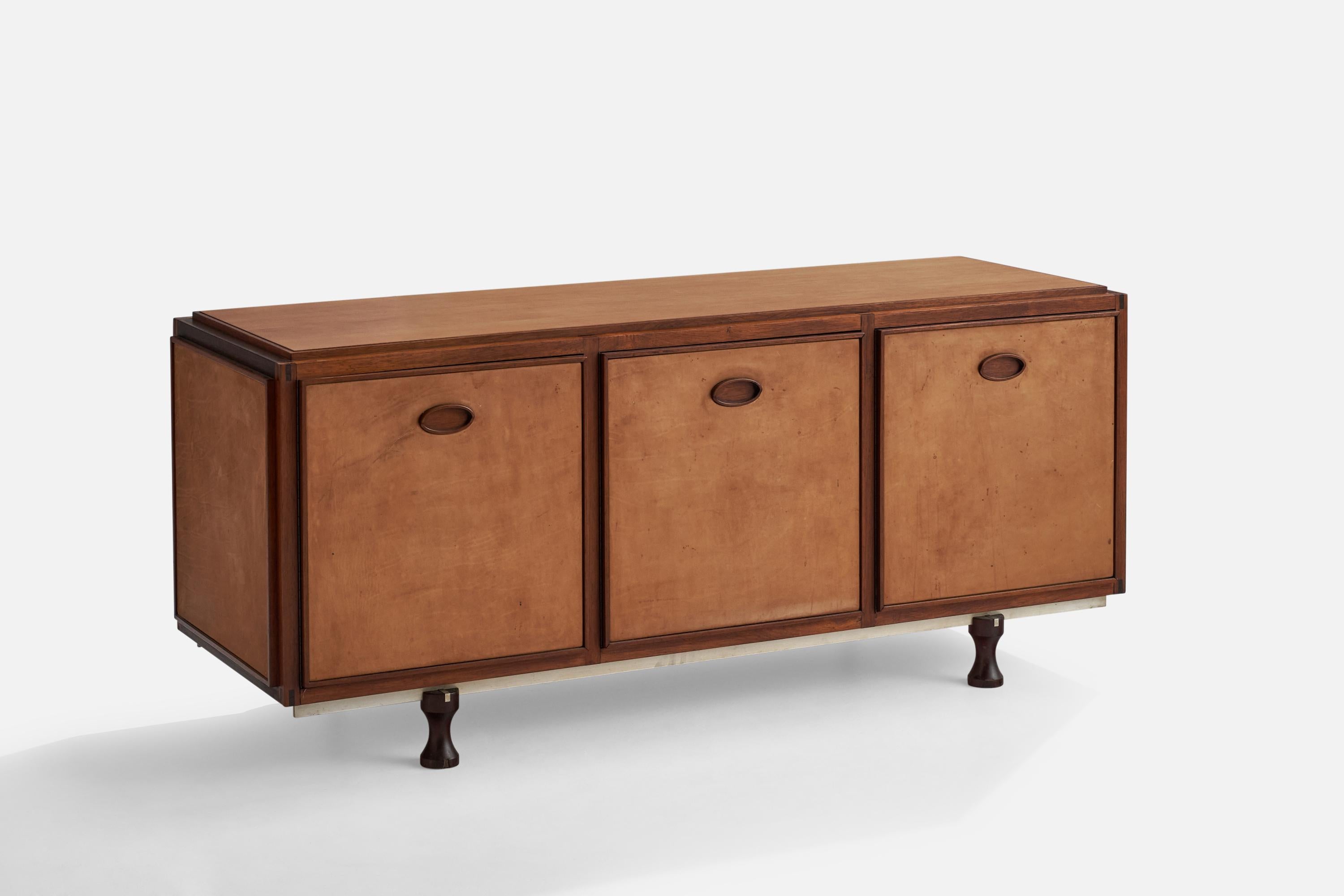A unique custom order rosewood, steel and leather cabinet or sideboard. designed by Gianfranco Frattini and produced by Bernini, Italy, 1950s. 

All sides finished with leather, enabling the cabinet to be freestanding. Sold with a certificate of