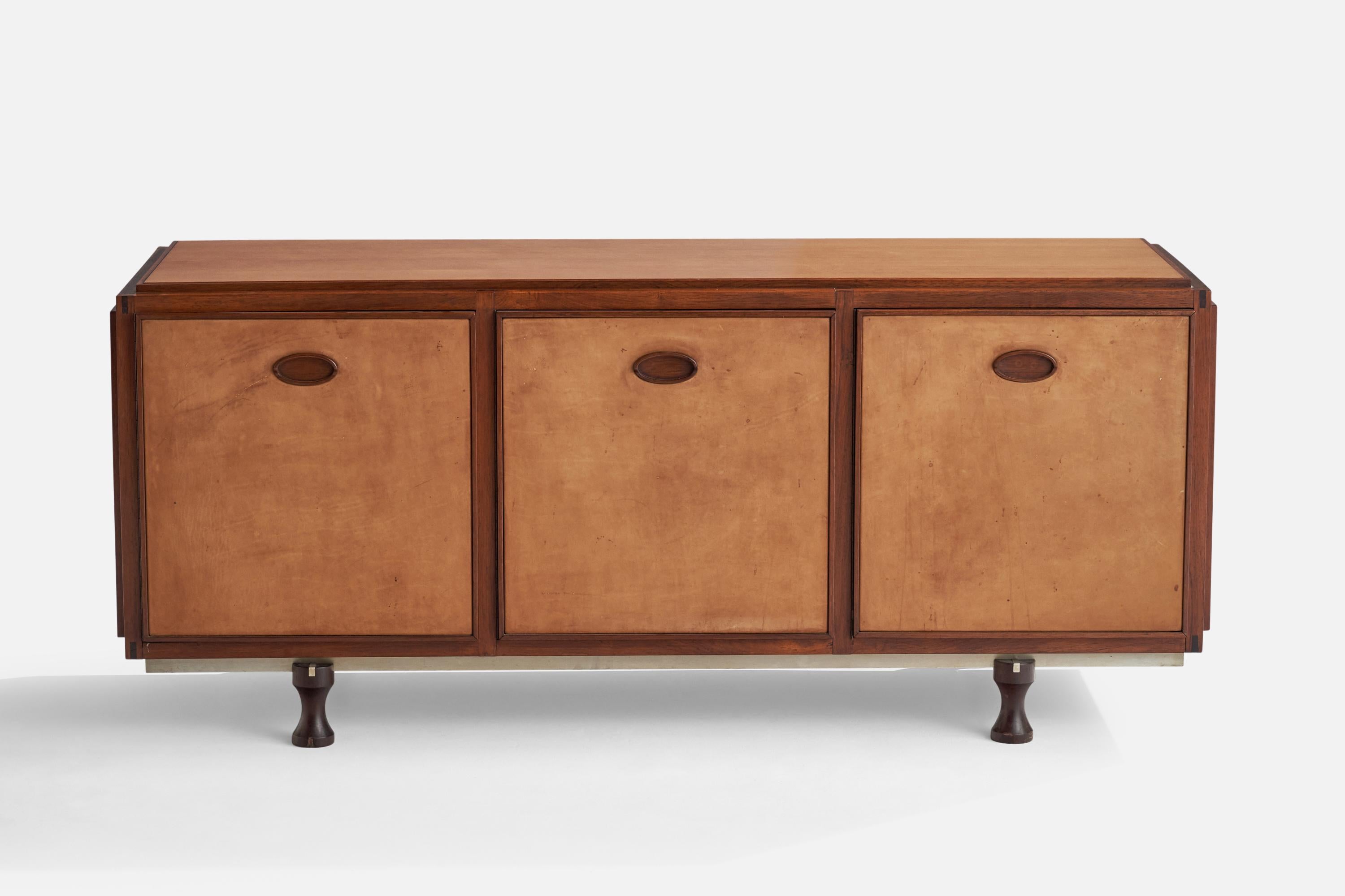 Italian Gianfranco Frattini, Unique Sideboard, Rosewood, Leather, Steel, Italy, 1950s For Sale