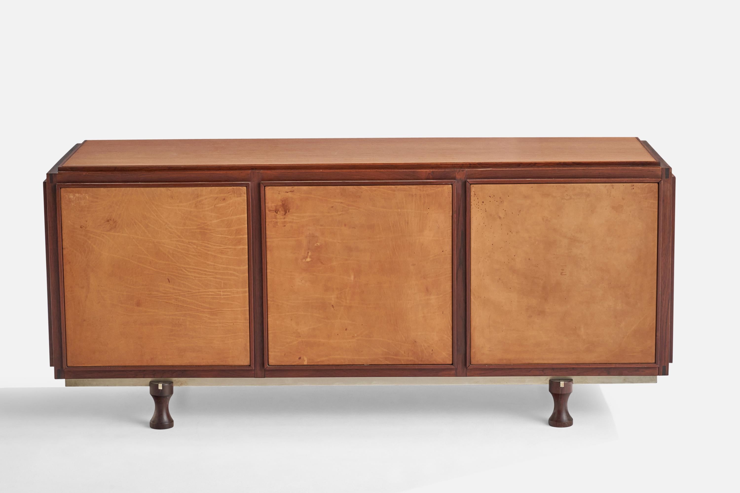 Gianfranco Frattini, Unique Sideboard, Rosewood, Leather, Steel, Italy, 1950s In Good Condition For Sale In High Point, NC