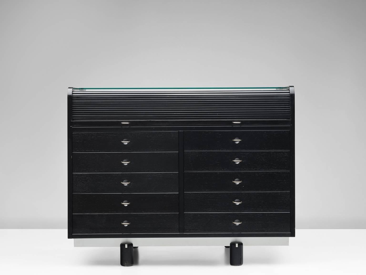 Desk and cabinet by Gianfranco Frattini for Bernini, lacquered wood, crystal, suede, Italy, 1960s. 

This black writing desk is designed by Gianfranco Frattini and made by Bernini. It is a rare to come across an original, black desk of this type.