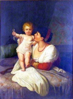 Großes Porträt-Ölgemälde von G. Girroti aus dem 19. Jahrhundert mit dem Titel „Mutter und Kind“